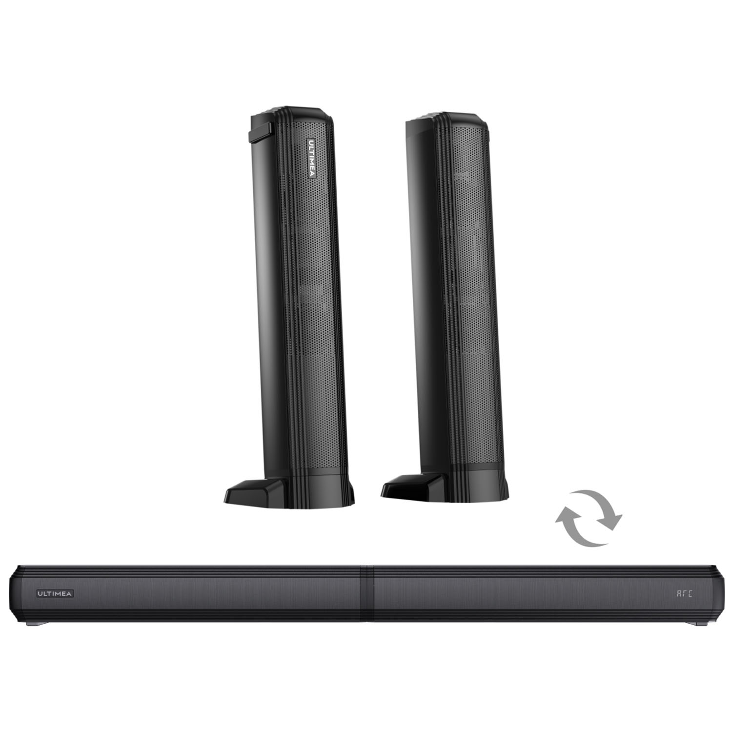 Dwa czarne, wysokie głośniki, soundbar i symbol recyklingu na białym tle. Wszystkie produkty marki Ultimea.