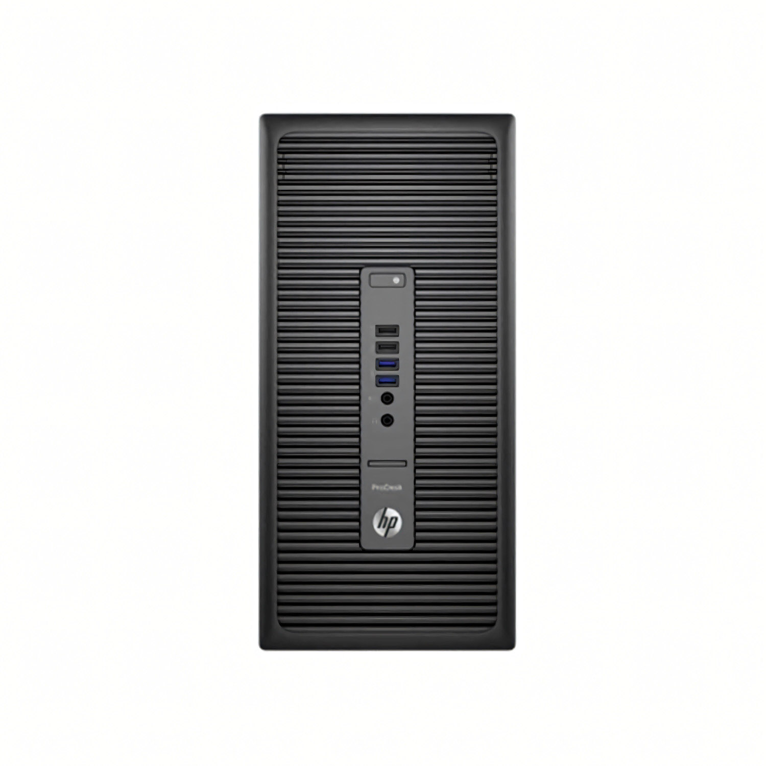 Torre de computadora HP ProDesk negra, vista frontal. Líneas verticales en el frente, logotipo de HP en la parte inferior y puertos.