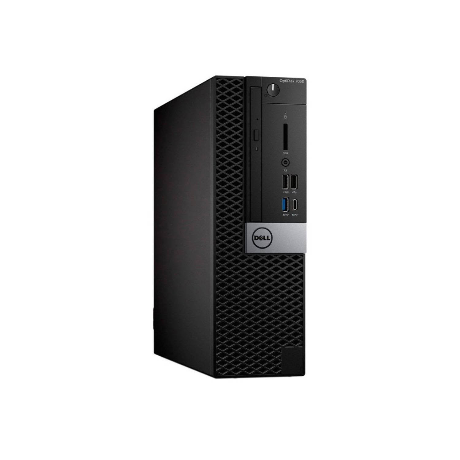 Ordenador de torre Dell OptiPlex 7050 negro sobre un fondo blanco, vista lateral.