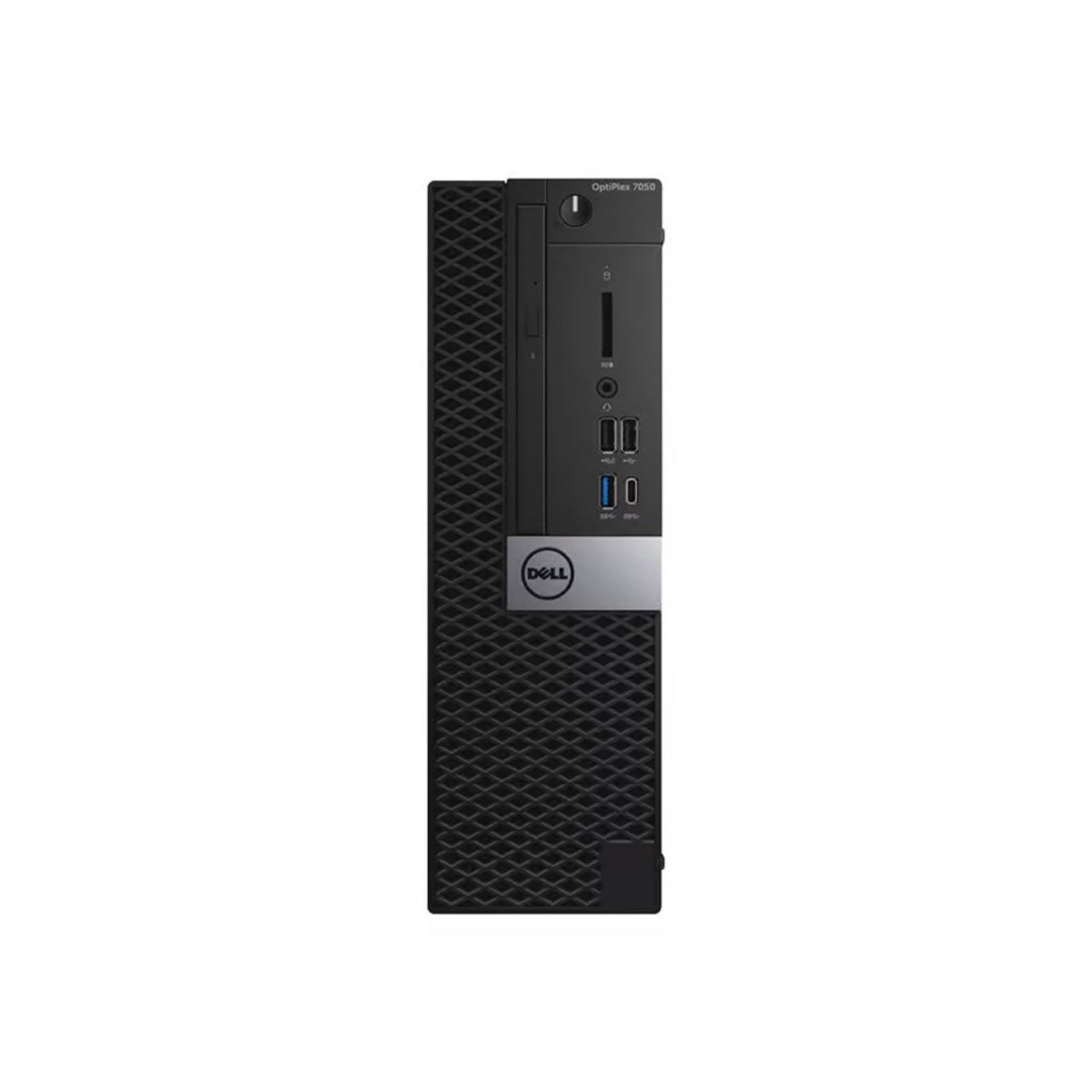 Torre de computadora Dell OptiPlex 7050 negra. Tiene una franja plateada en la parte delantera y el logotipo de Dell.