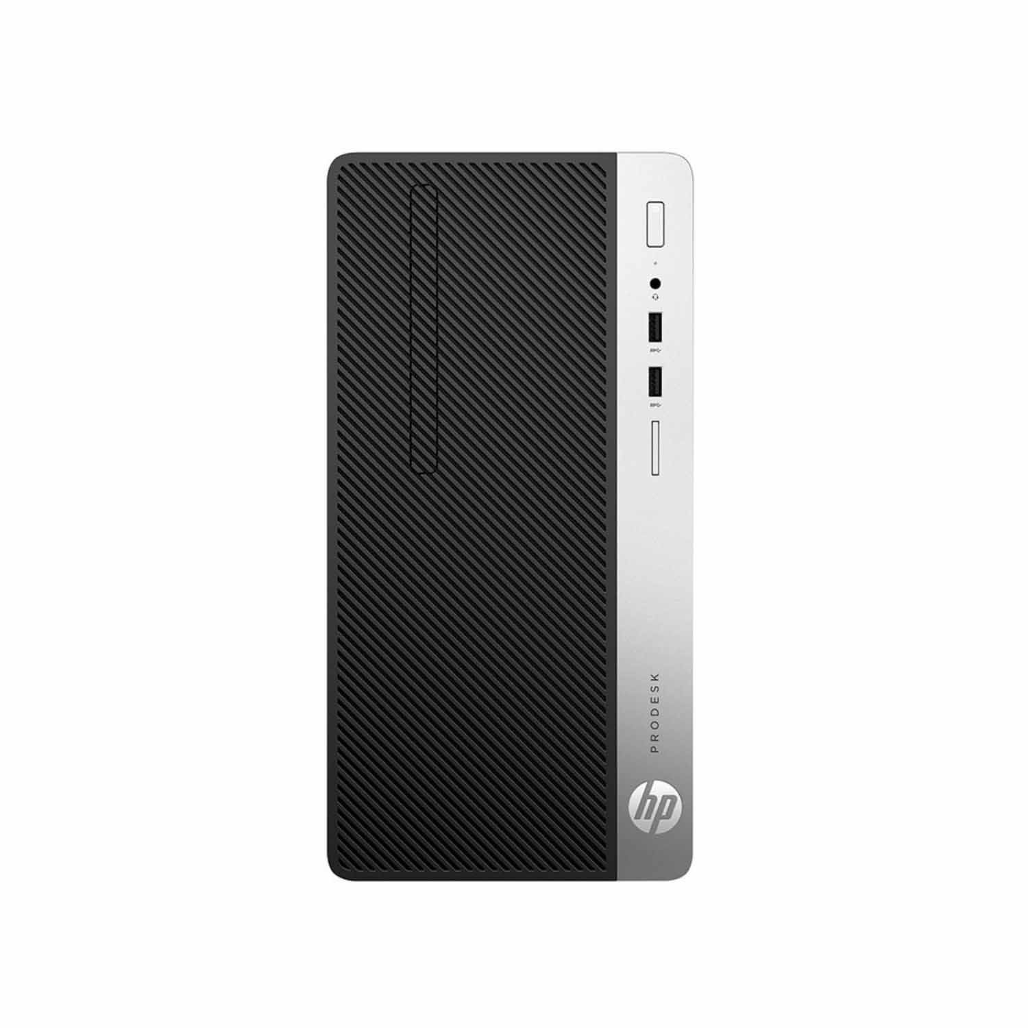 Ordenador HP ProDesk negro y plateado. Diseño vertical con puertos y logo HP en el frontal.