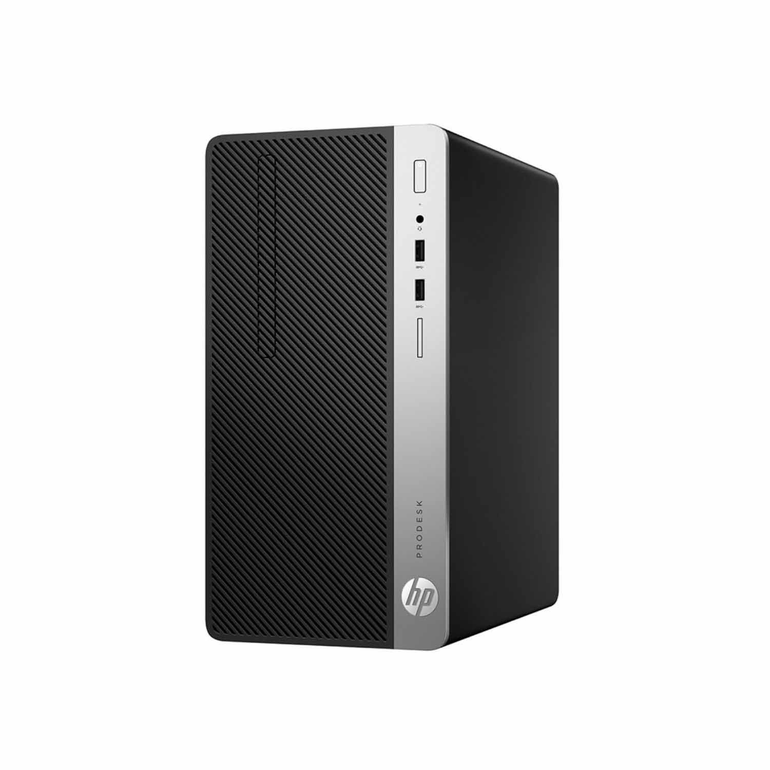 Ordenador HP ProDesk negro y plateado. Diseño vertical, puertos y logo HP. Fondo blanco.
