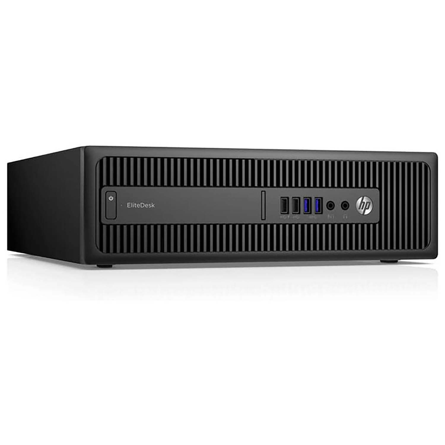 Torre de computadora HP EliteDesk negra. Tiene un botón de encendido y el logotipo de HP en la parte delantera.