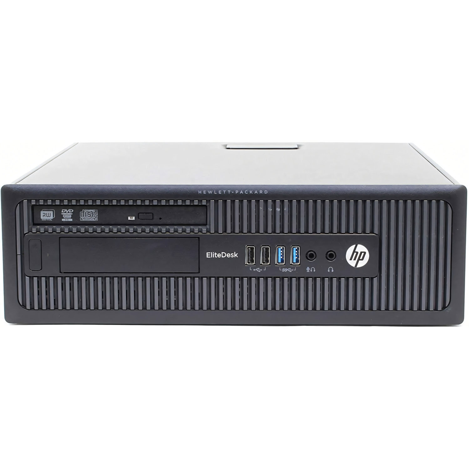Ordenador HP EliteDesk negro. Vista frontal con unidad óptica, puertos y logotipo HP.