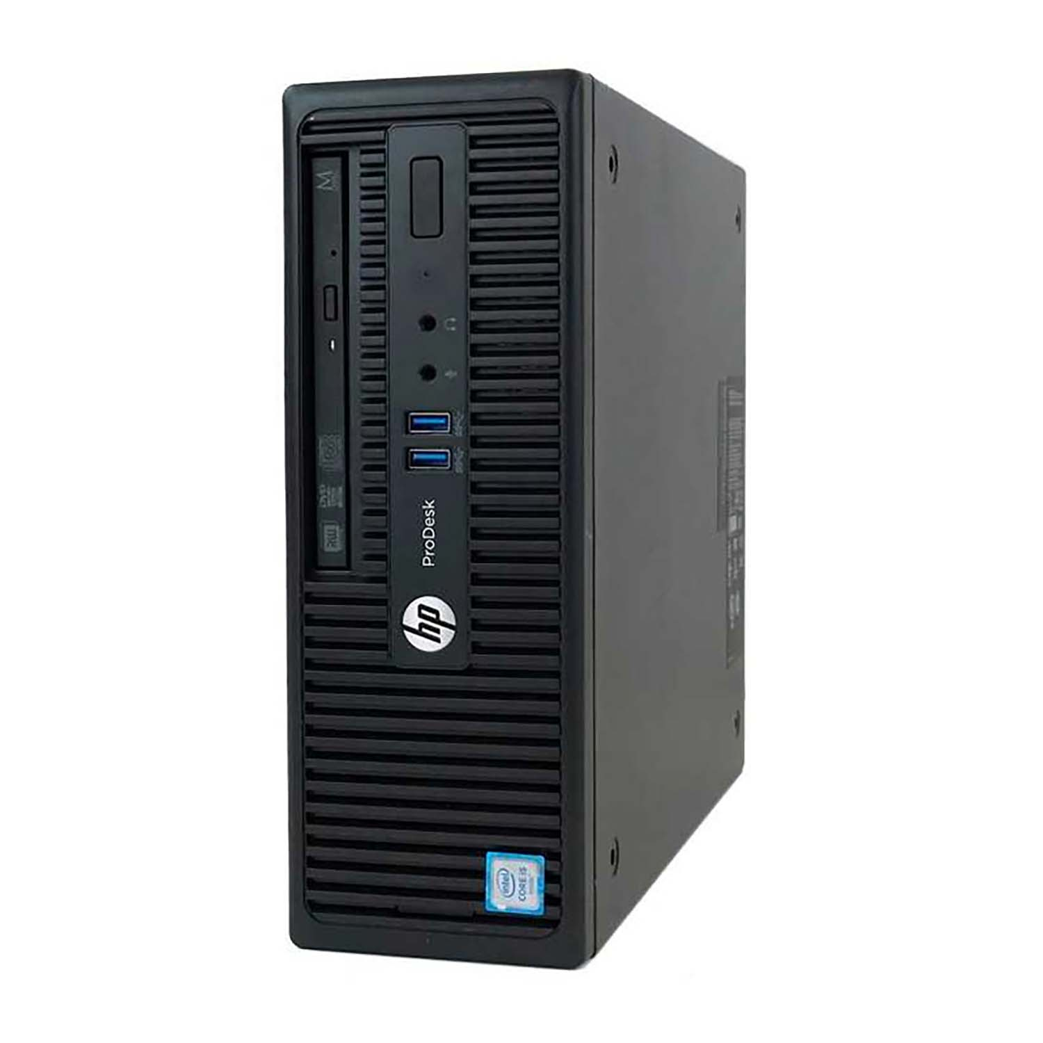 Una computadora de escritorio HP ProDesk. Es negra con una franja plateada en el frente.