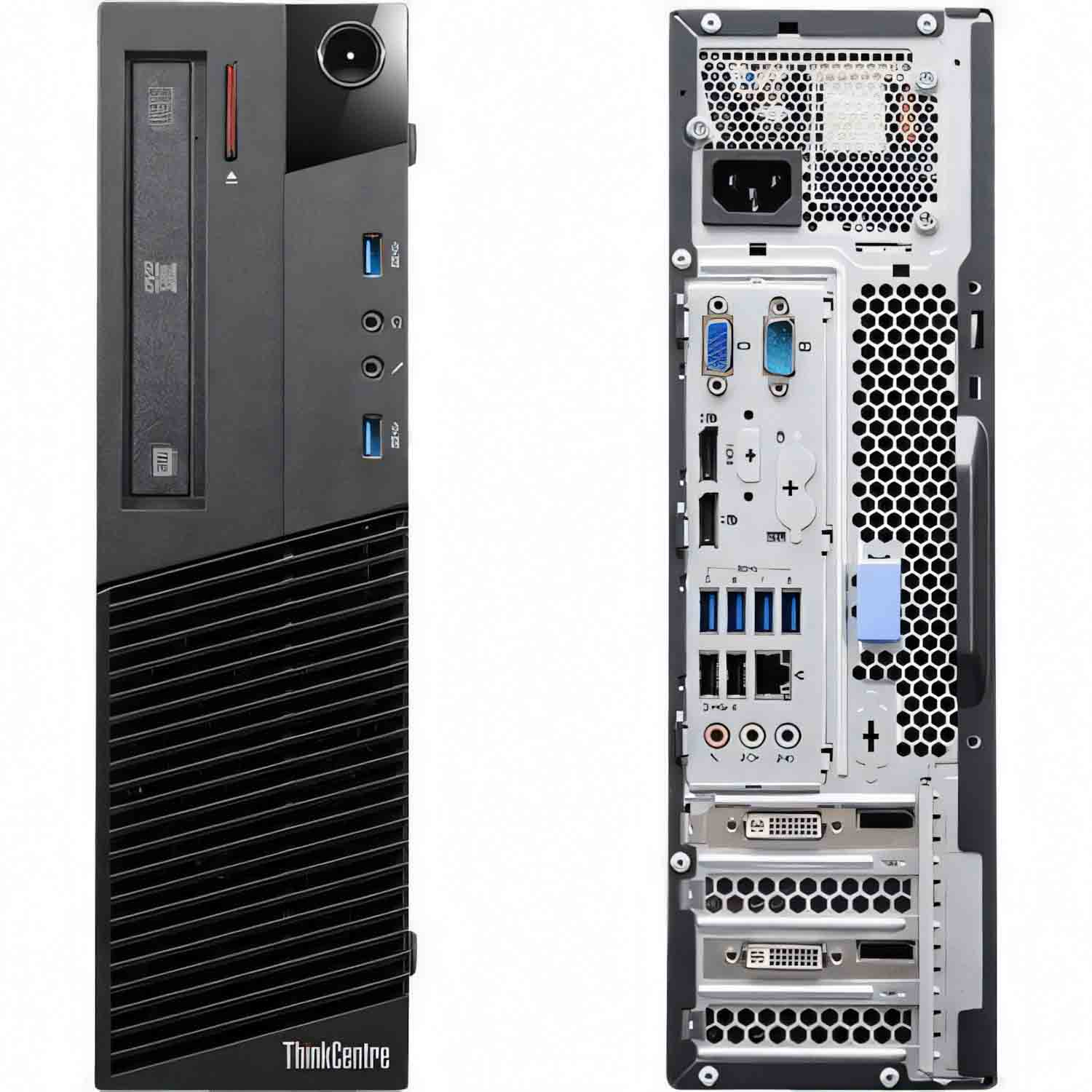Dos vistas de una computadora de escritorio Lenovo ThinkCentre negra: frontal y trasera.