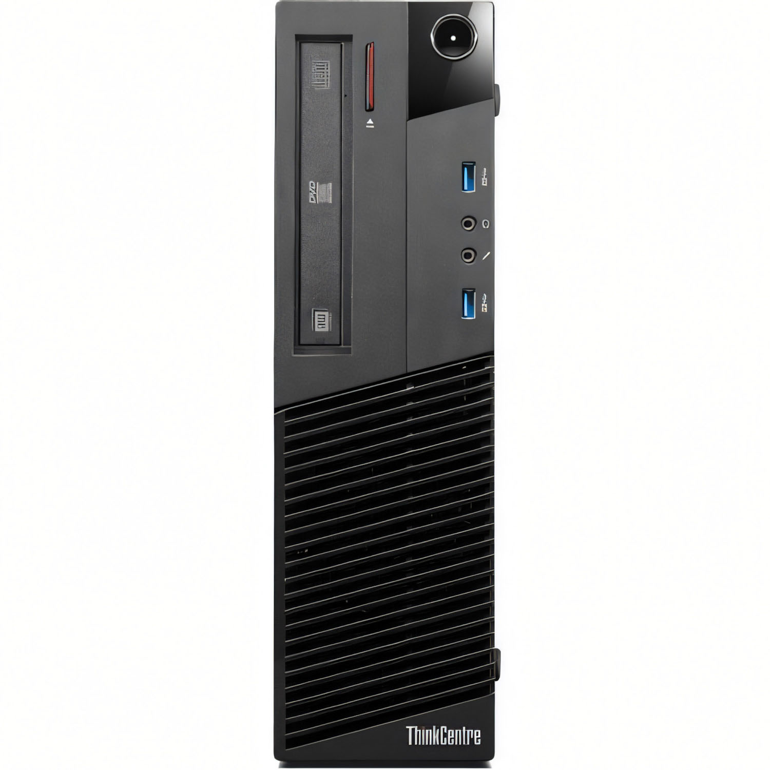Vista frontal de una computadora de escritorio Lenovo ThinkCentre negra con unidad de DVD.
