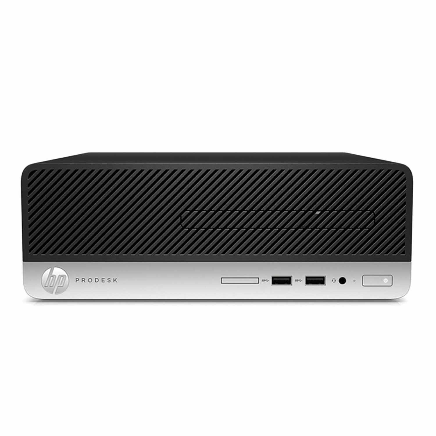 Un ordenador HP ProDesk negro y plateado. El frontal tiene un diseño elegante con puertos y botones.