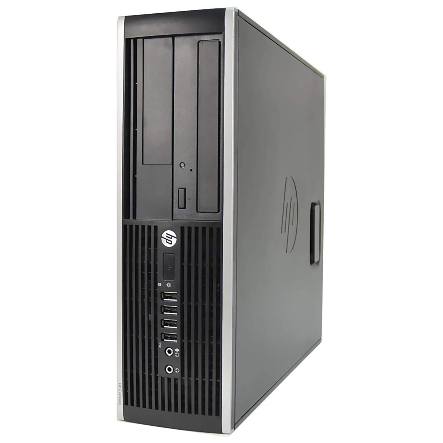 Una torre de ordenador HP negra y plateada. El frontal tiene puertos, botones y el logotipo de HP.