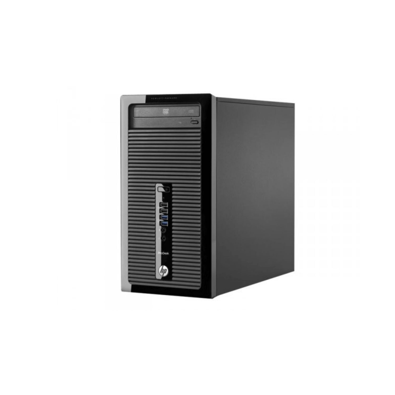 Una computadora HP ProDesk negra. El frente tiene un diseño vertical y un logotipo. Tiene una unidad de DVD.
