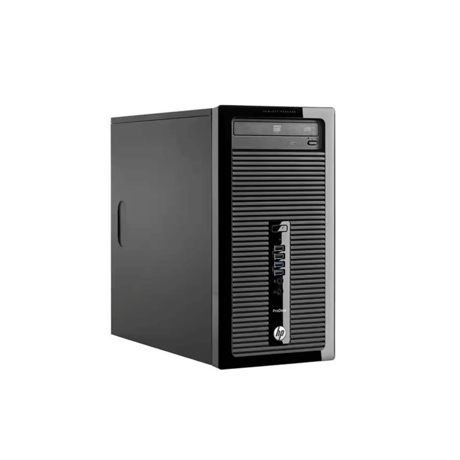 Una computadora HP ProDesk negra. El frente tiene un diseño vertical y un logotipo. Tiene una unidad de DVD.