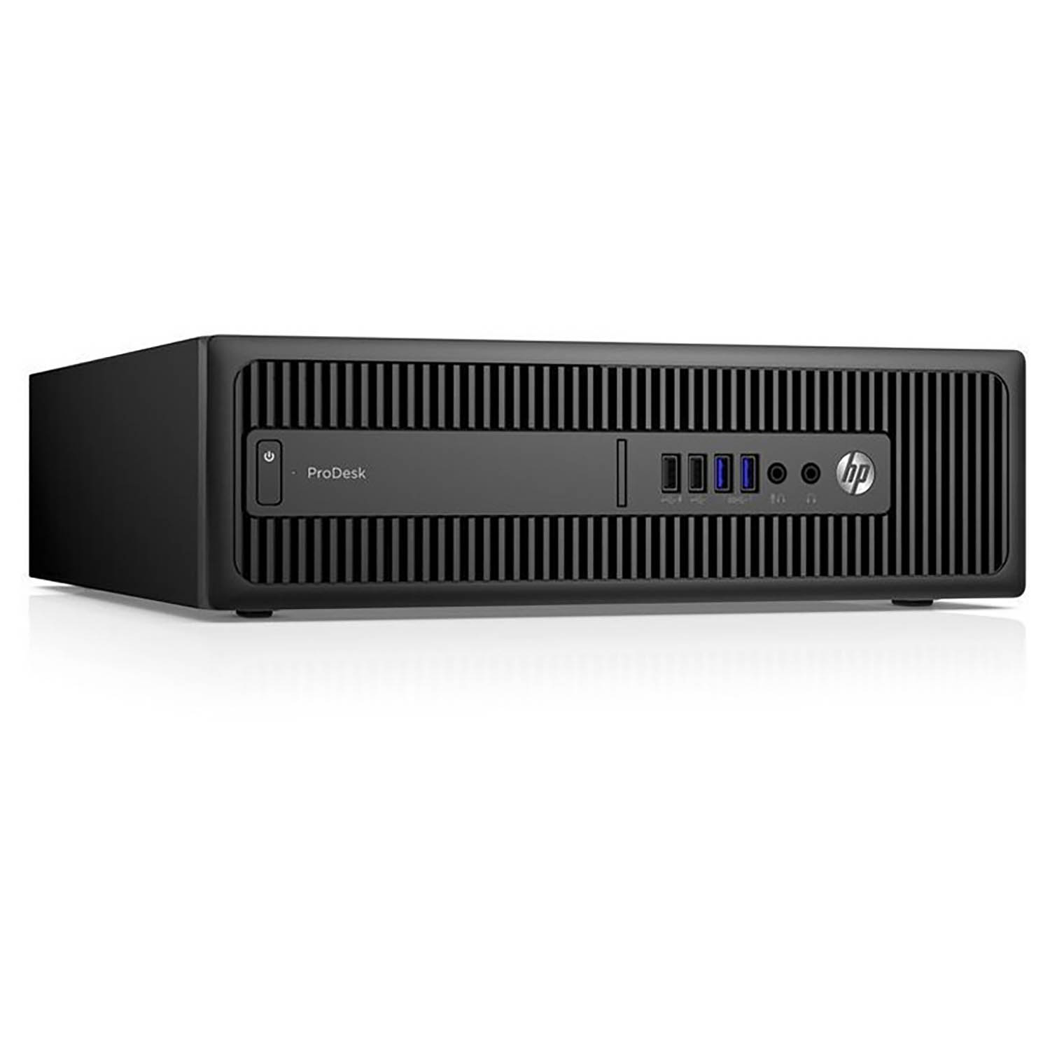 Una computadora HP ProDesk negra. El frente tiene un diseño vertical y un logotipo. Tiene una forma larga y rectangular.