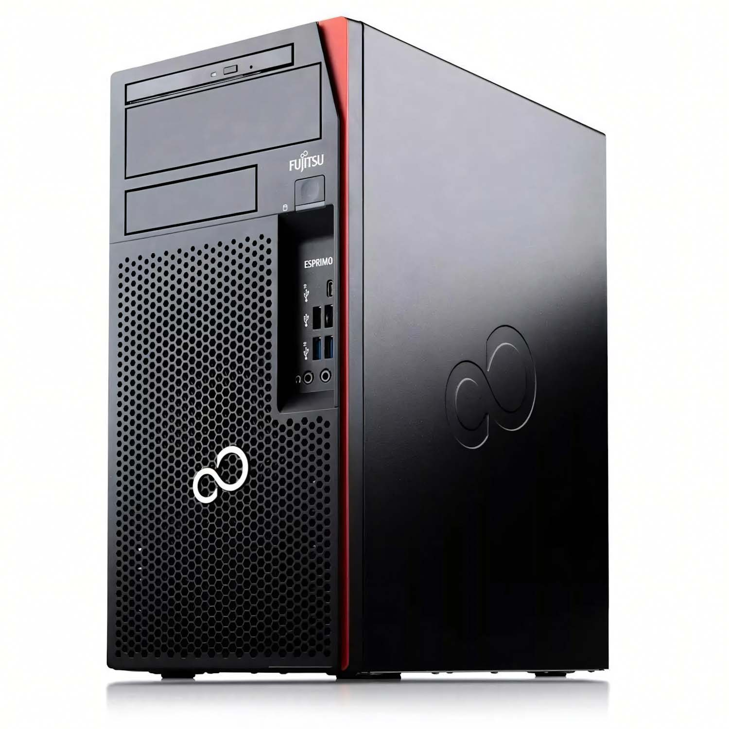 Una computadora Fujitsu Esprimo negra y roja. El frente tiene un diseño de malla y un logotipo. Sobre un fondo blanco.
