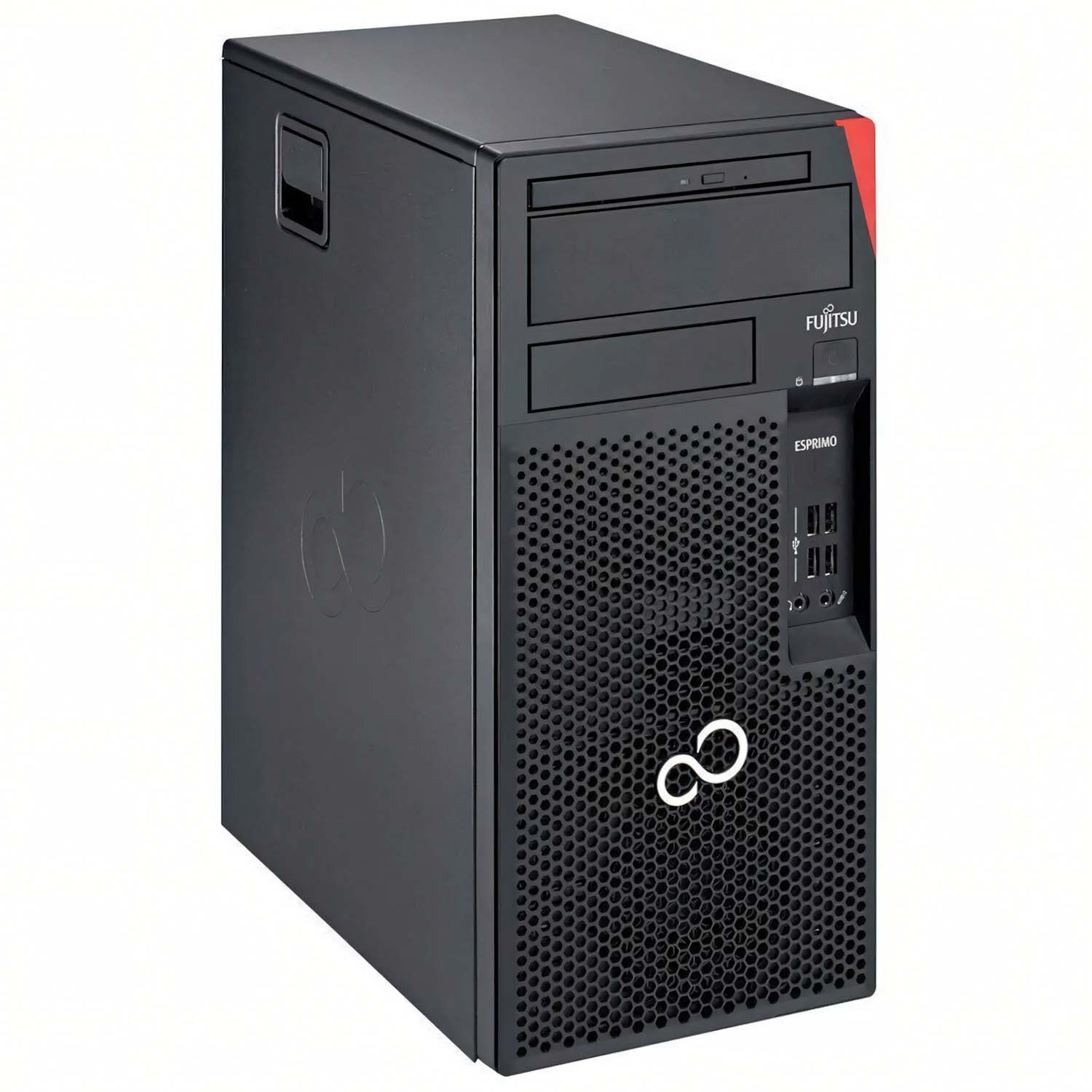 Una torre de ordenador Fujitsu Esprimo negra y roja. El frontal tiene una rejilla y puertos.