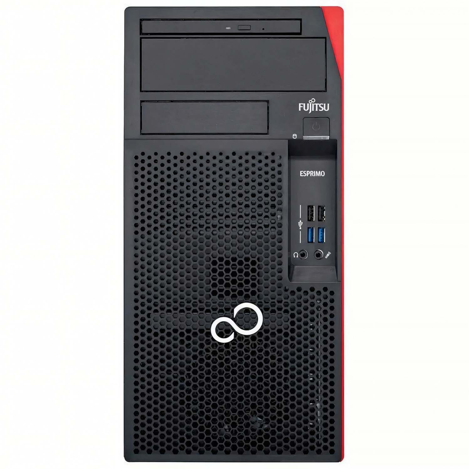 PC Fujitsu Esprimo. Torre negro y rojo con puertos y logo Fujitsu. Panel frontal perforado con símbolo de infinito.