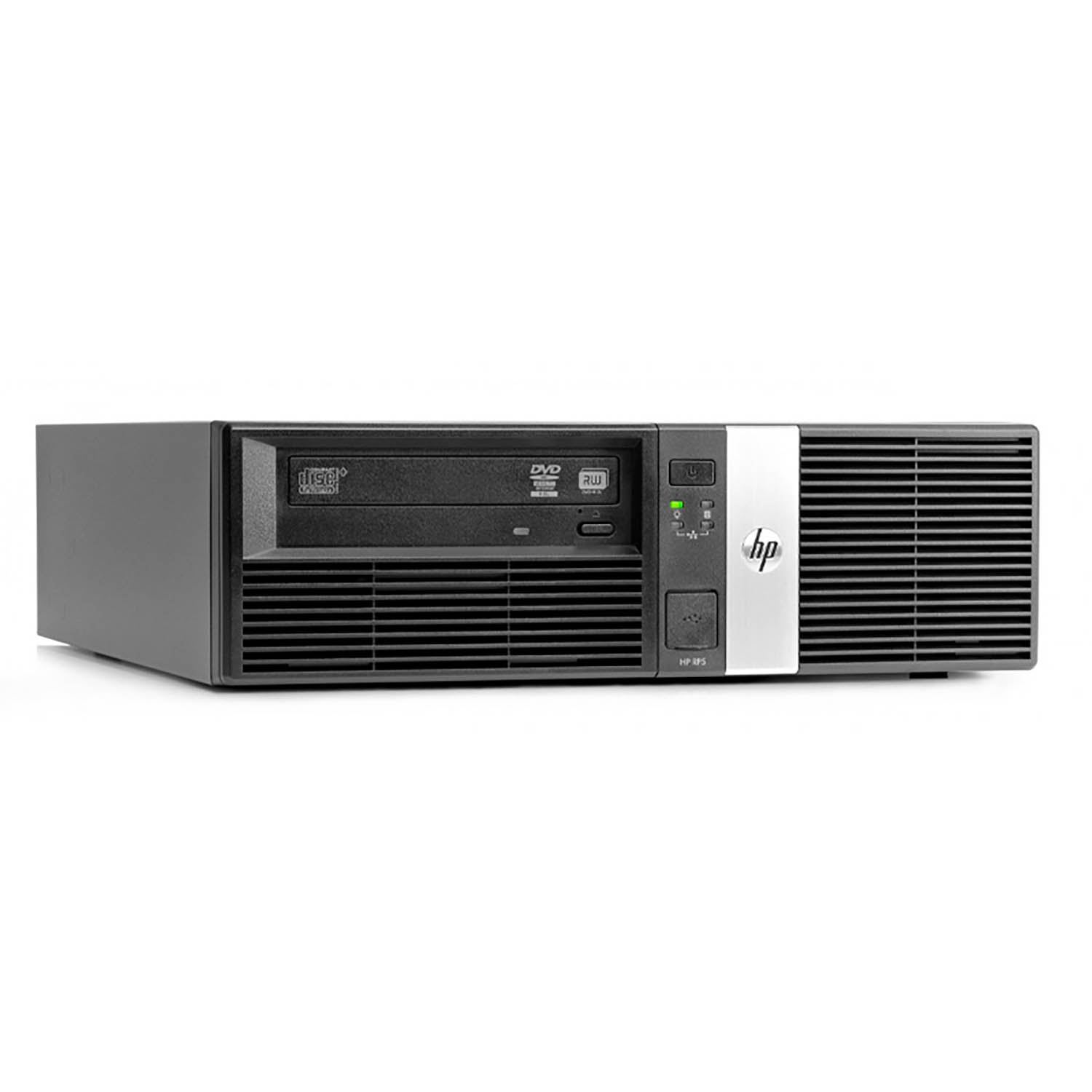 Computadora HP negra con unidad de DVD. Panel plateado con el logotipo de HP. Fondo blanco.