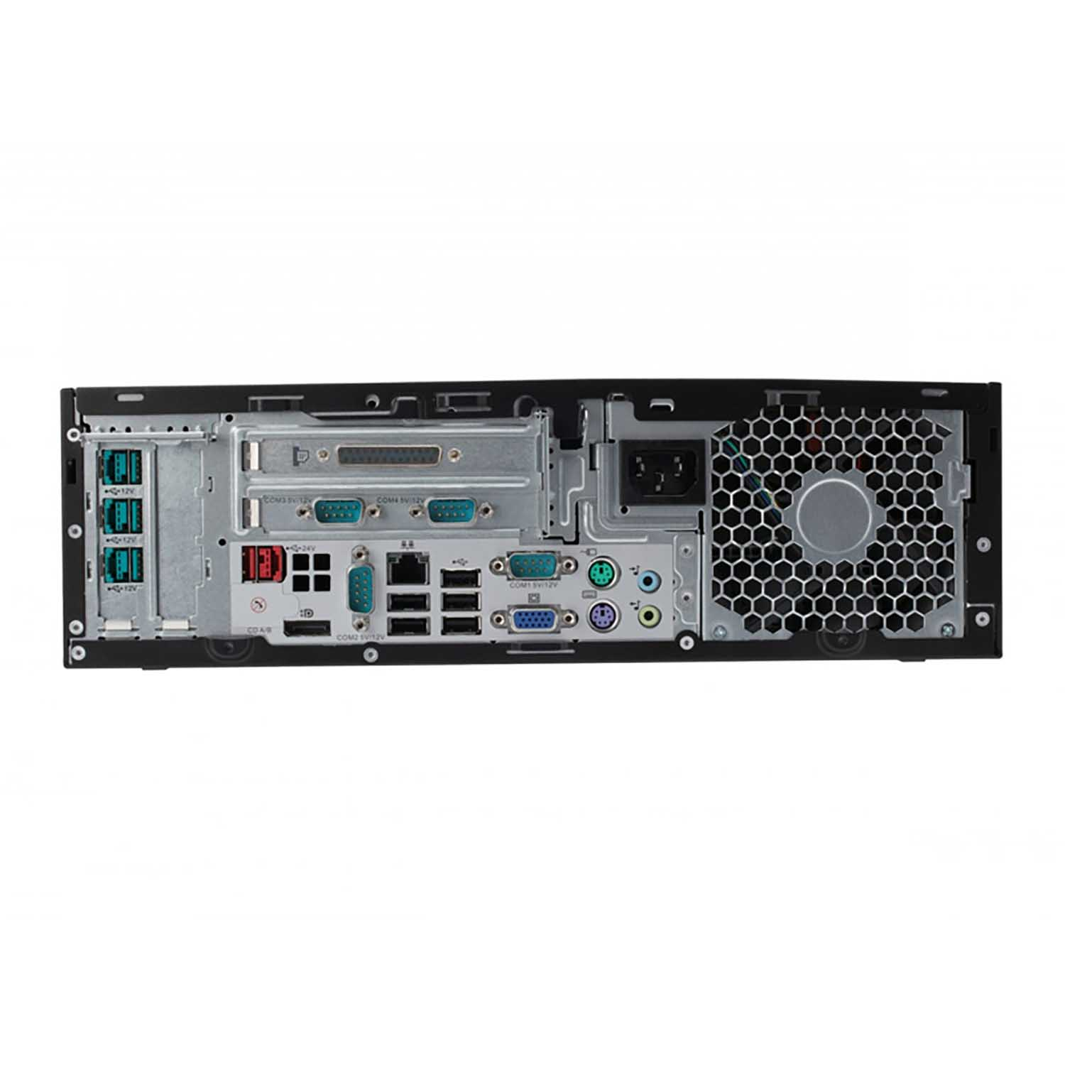 Parte trasera de una computadora negra. Muestra varios puertos y conectores. También se ve el ventilador y la fuente de alimentación.