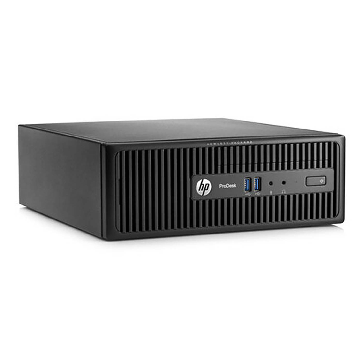 Computadora de escritorio HP ProDesk negra. El frente tiene puertos, el logotipo de HP y el botón de encendido. Fondo blanco.