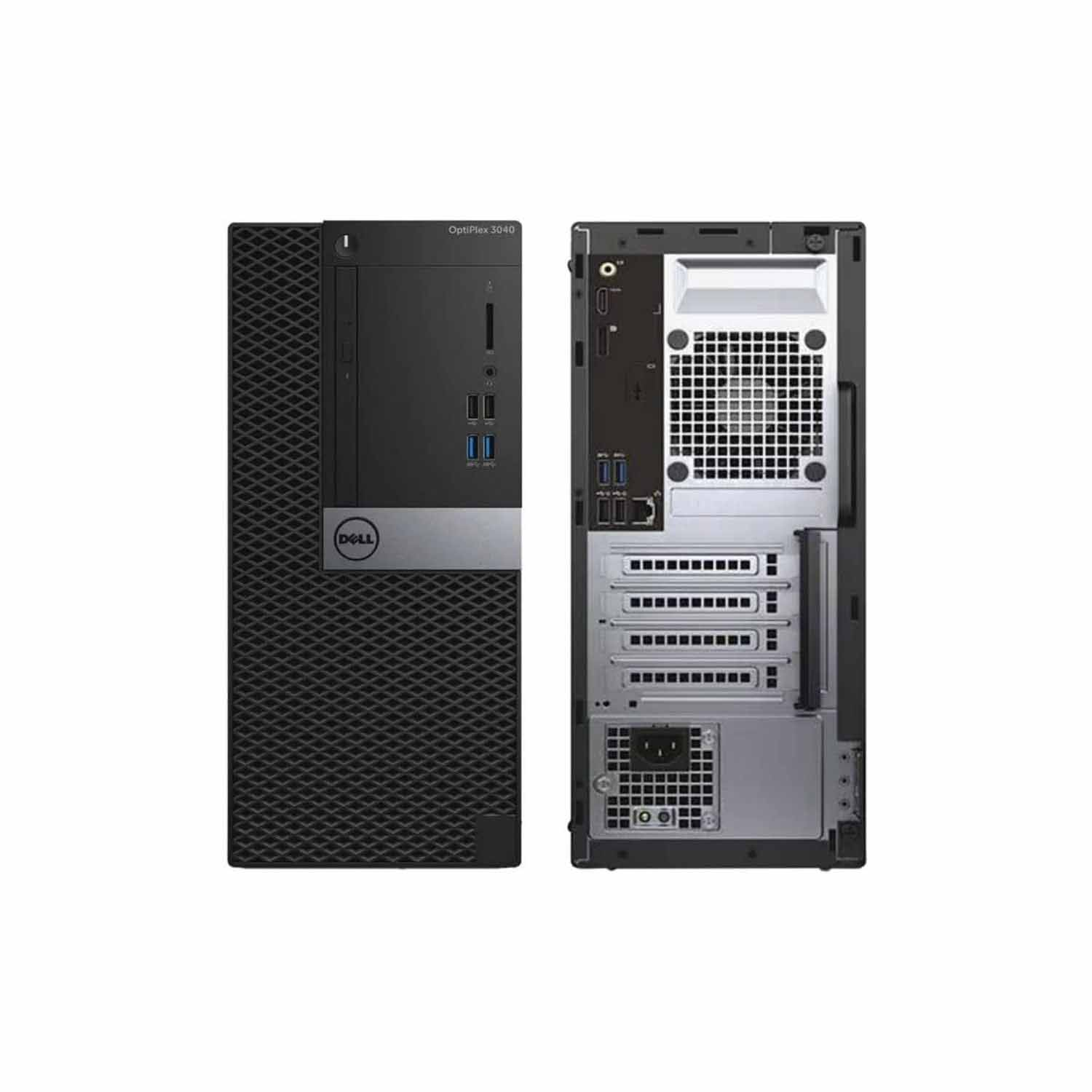 Una computadora de escritorio, negra y plateada. Se muestran la parte delantera y trasera. Fondo blanco.