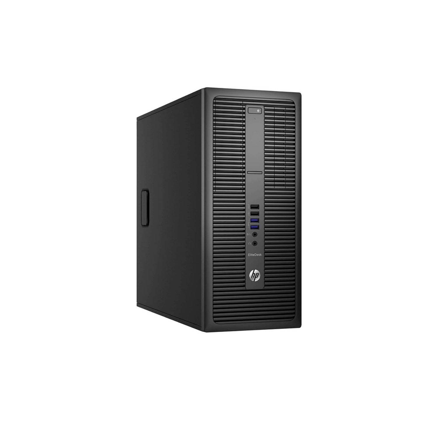 Ordenador HP EliteDesk negro, vista lateral. Tiene una puerta lateral y el logotipo de HP en la parte inferior.