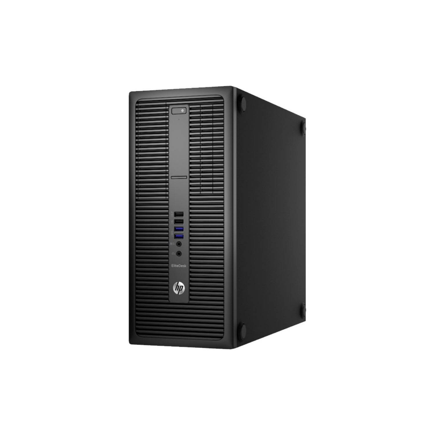 Ordenador HP EliteDesk negro. Diseño vertical con el logotipo de HP en el panel frontal.