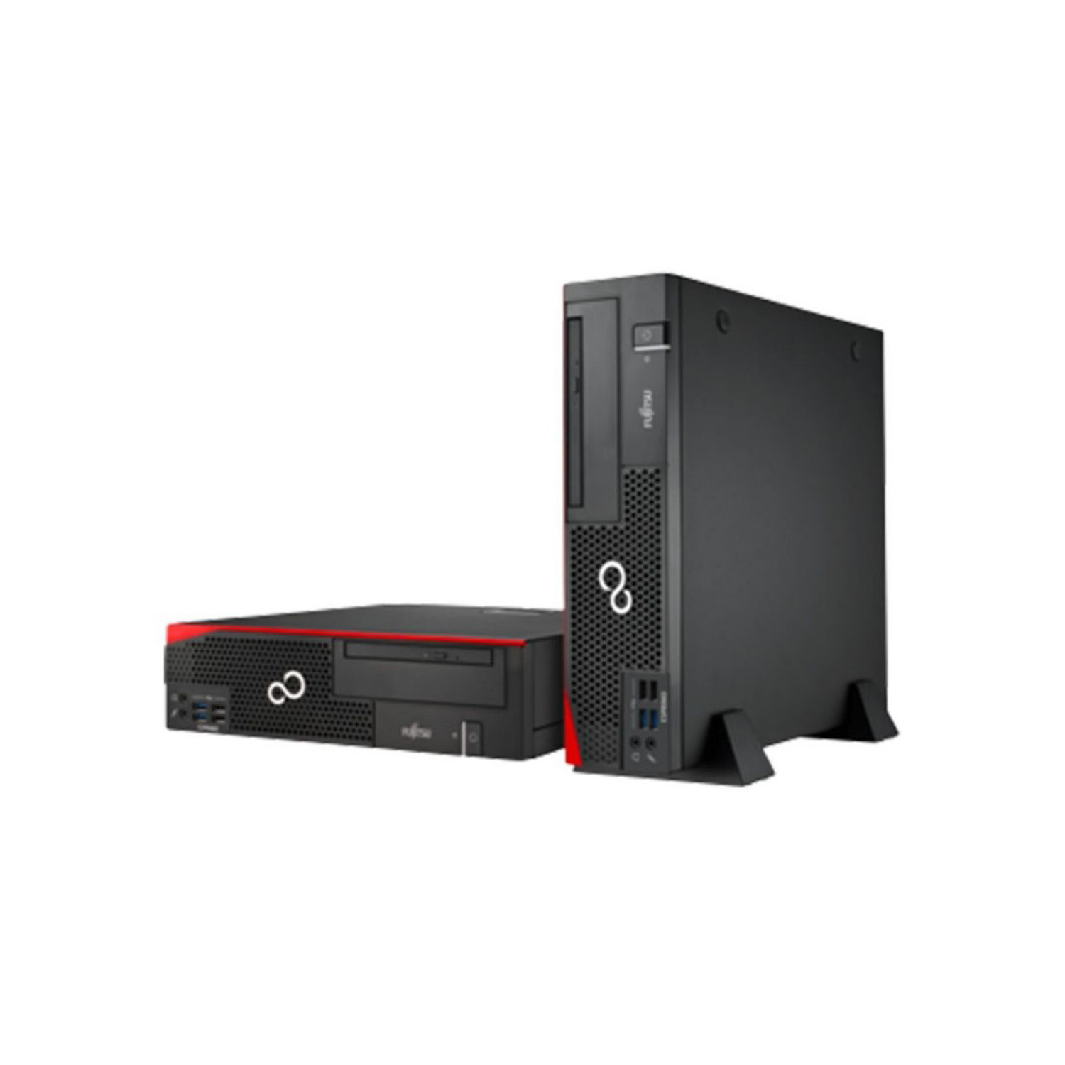 Dos ordenadores negros. Uno alto y otro plano, con detalles en rojo. Marca Fujitsu.