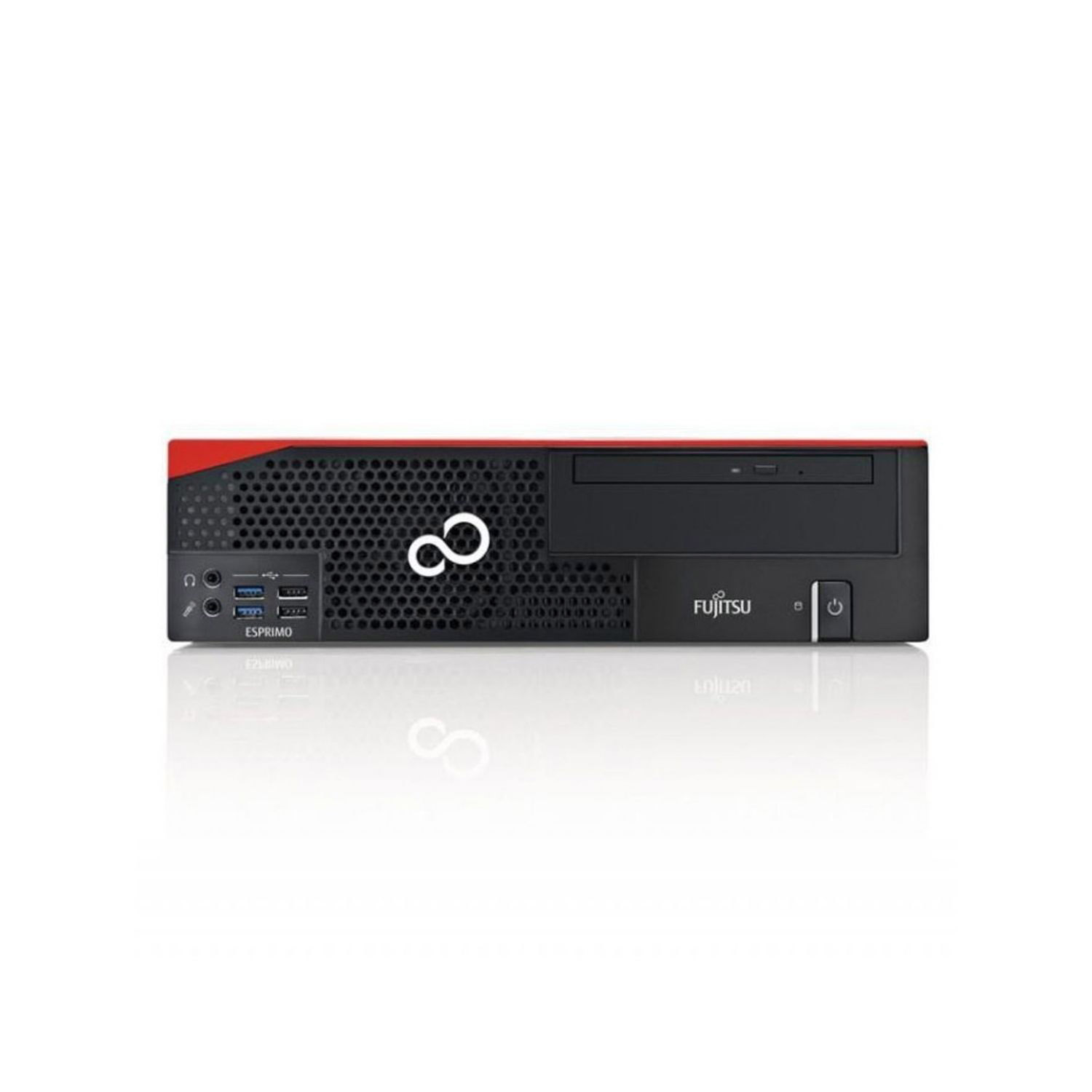 Computadora Fujitsu ESPRIMO negra. El frente tiene puertos y una unidad de DVD. Acento rojo. Fondo blanco.