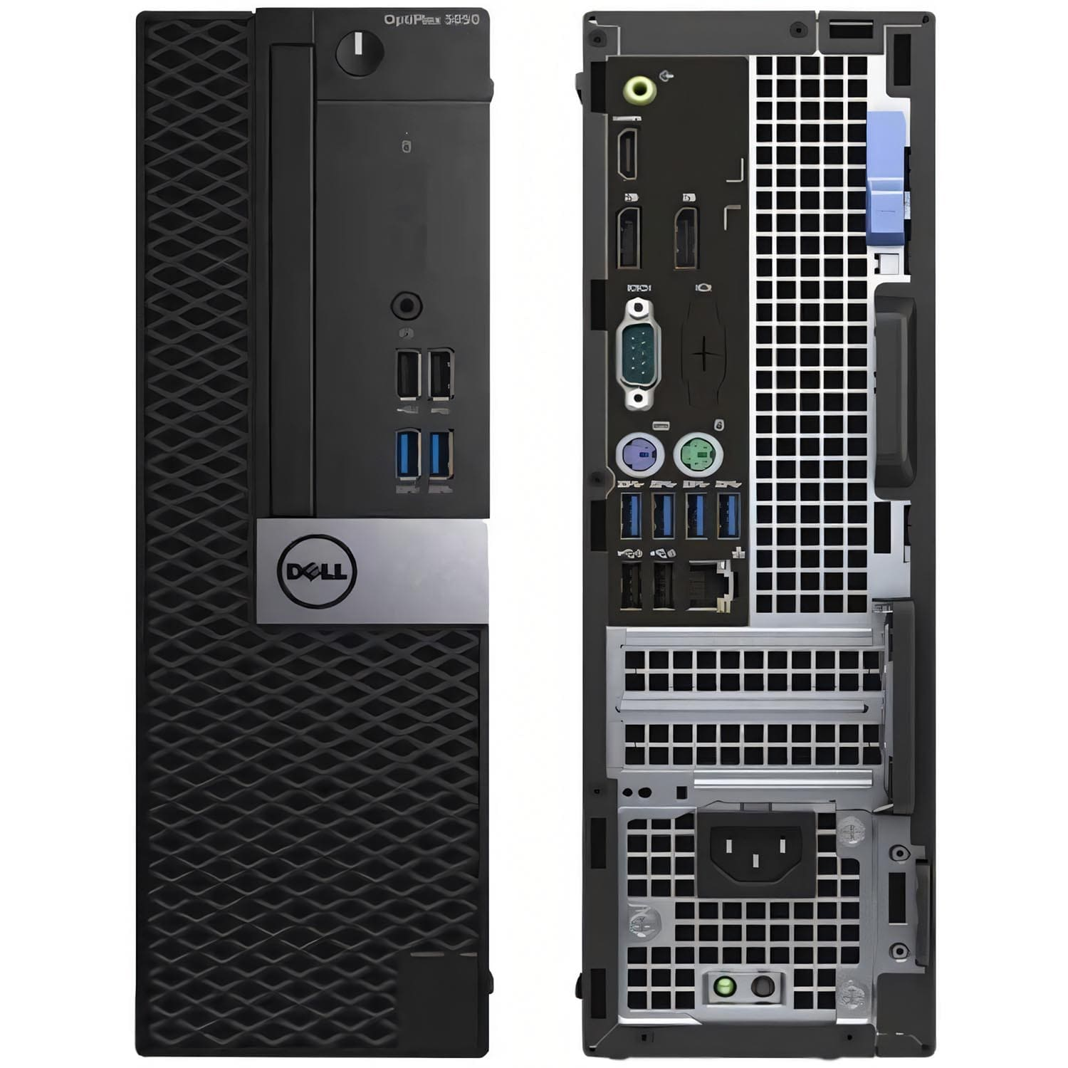 Ordenador de sobremesa Dell OptiPlex 3050 negro con lados frontal y trasero. La parte trasera tiene puertos y un asa.