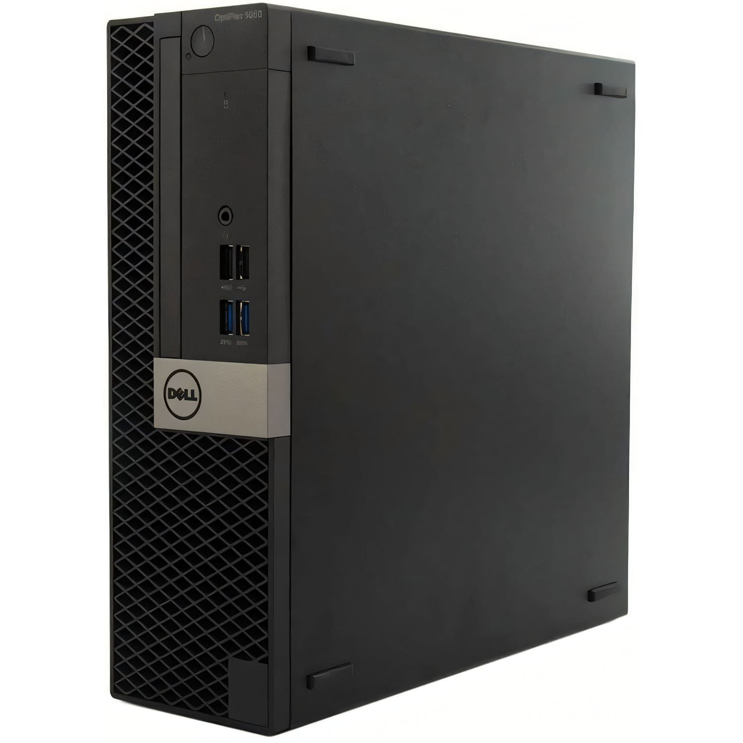 Una computadora de escritorio Dell OptiPlex 3040 negra sobre una superficie blanca. Tiene puertos y un logo Dell visible.