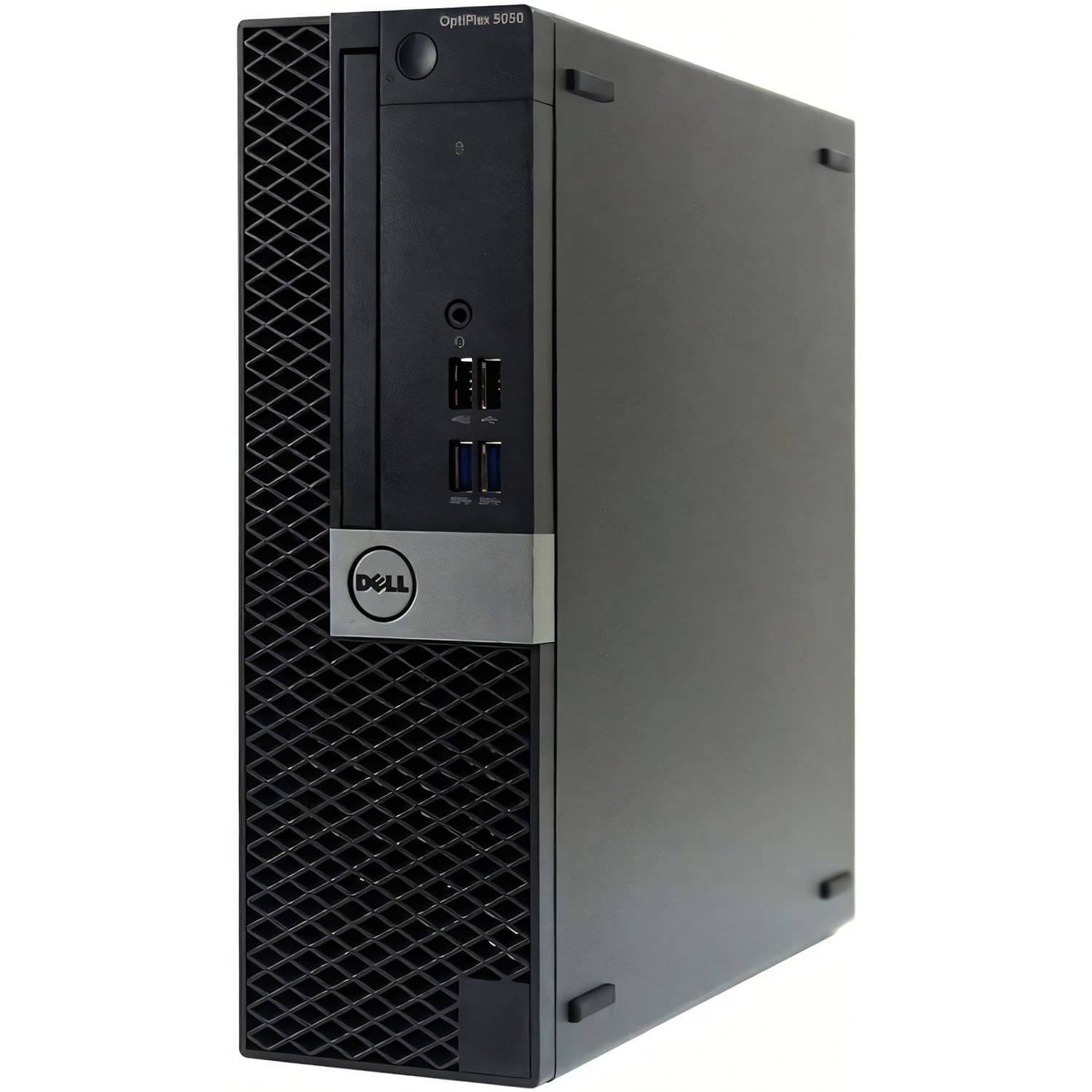Ordenador de sobremesa Dell OptiPlex 5050 negro. Panel frontal con puertos y el logotipo de Dell. Vista ligeramente en ángulo.