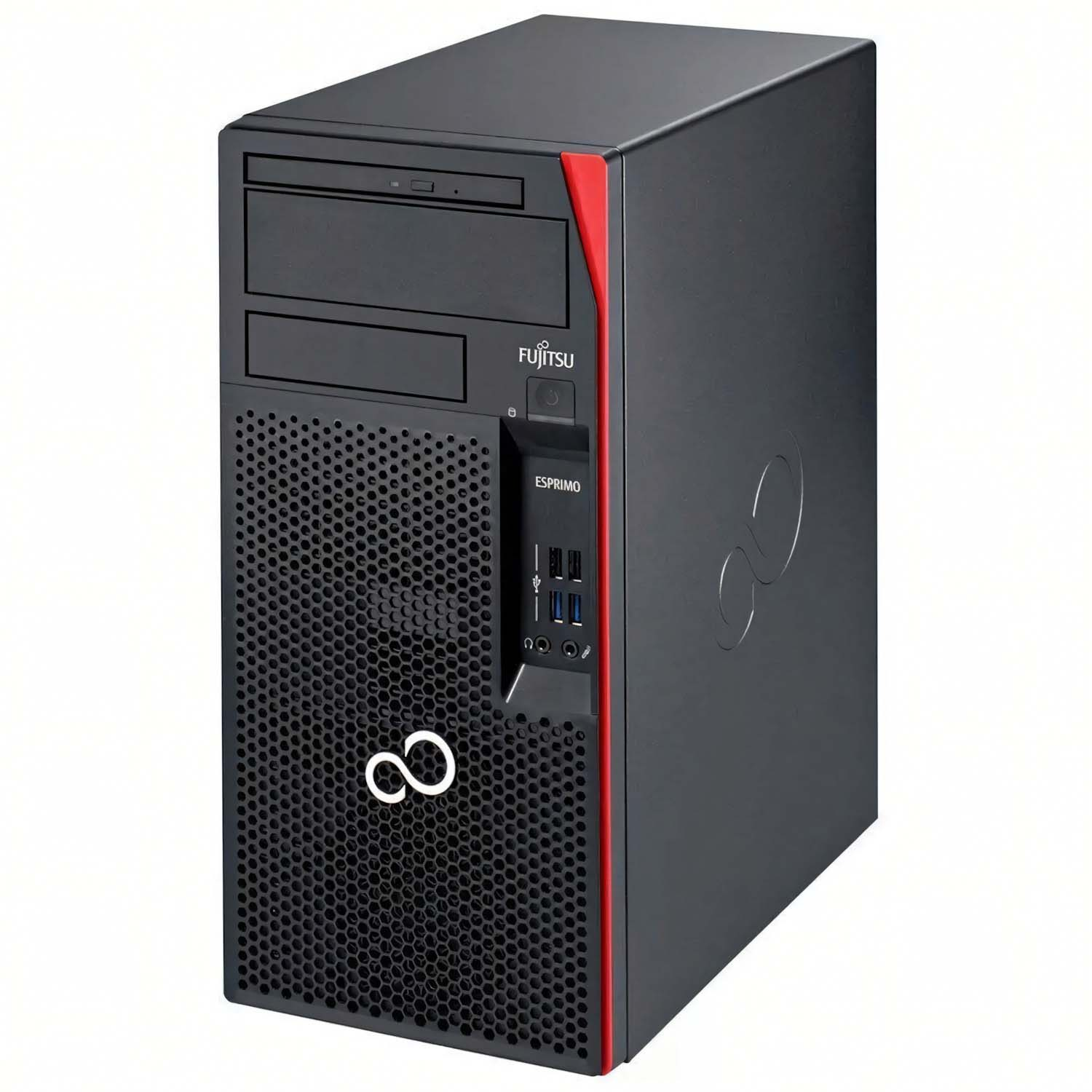 Ordenador Fujitsu Esprimo negro y rojo. Logotipo de Fujitsu y etiqueta Esprimo visibles.