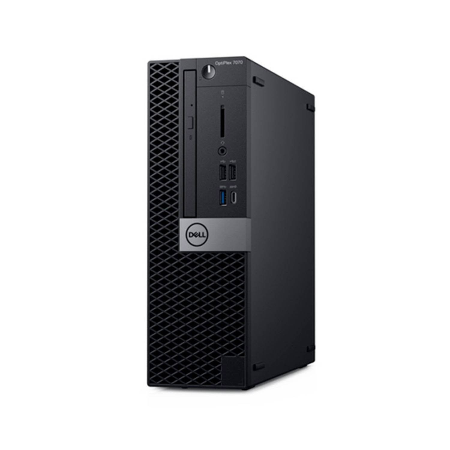 Una computadora de escritorio Dell OptiPlex 7070 negra. Se encuentra en posición vertical sobre un fondo blanco. El logotipo de Dell es visible.
