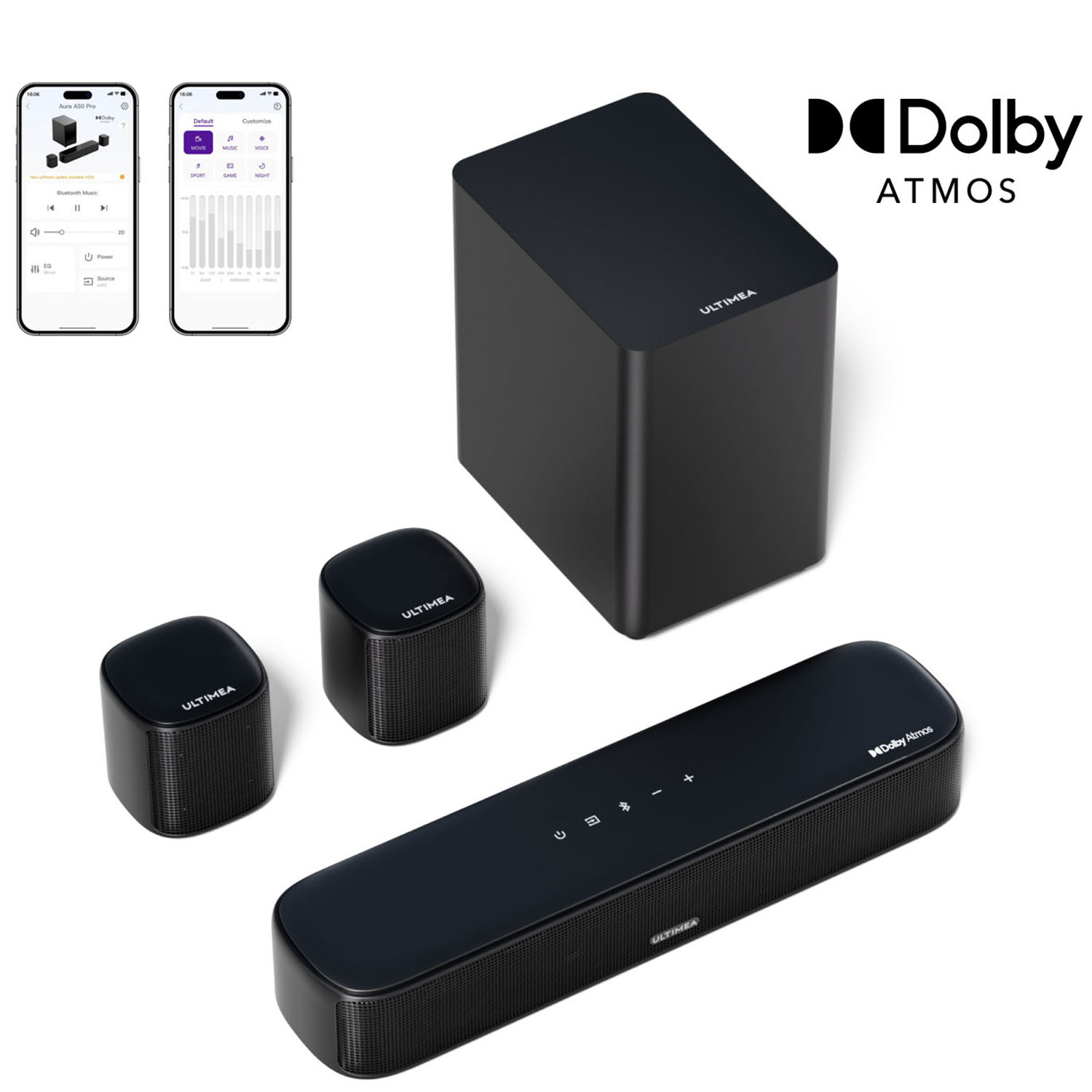 Czarny system dźwiękowy Ultima. Zawiera soundbar, subwoofer i dwa mniejsze głośniki.