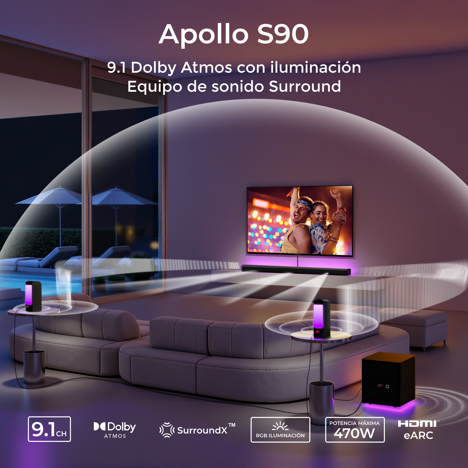 Una sala de estar moderna con un sistema de sonido. Una pareja está viendo la televisión. Un subwoofer y luces también están presentes.