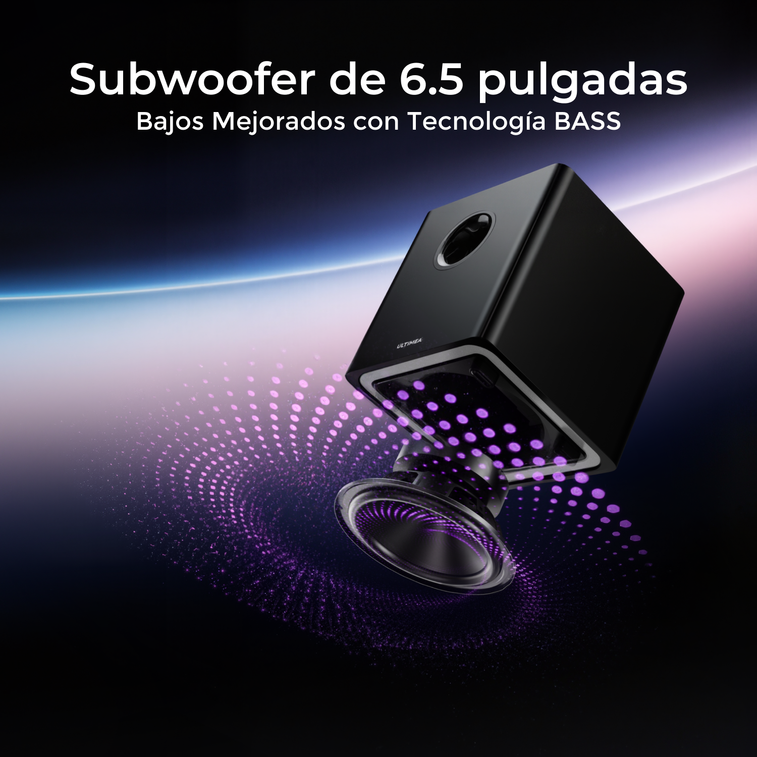 Un subwoofer negro con un altavoz grande. Luces moradas emanan del altavoz y su entorno.