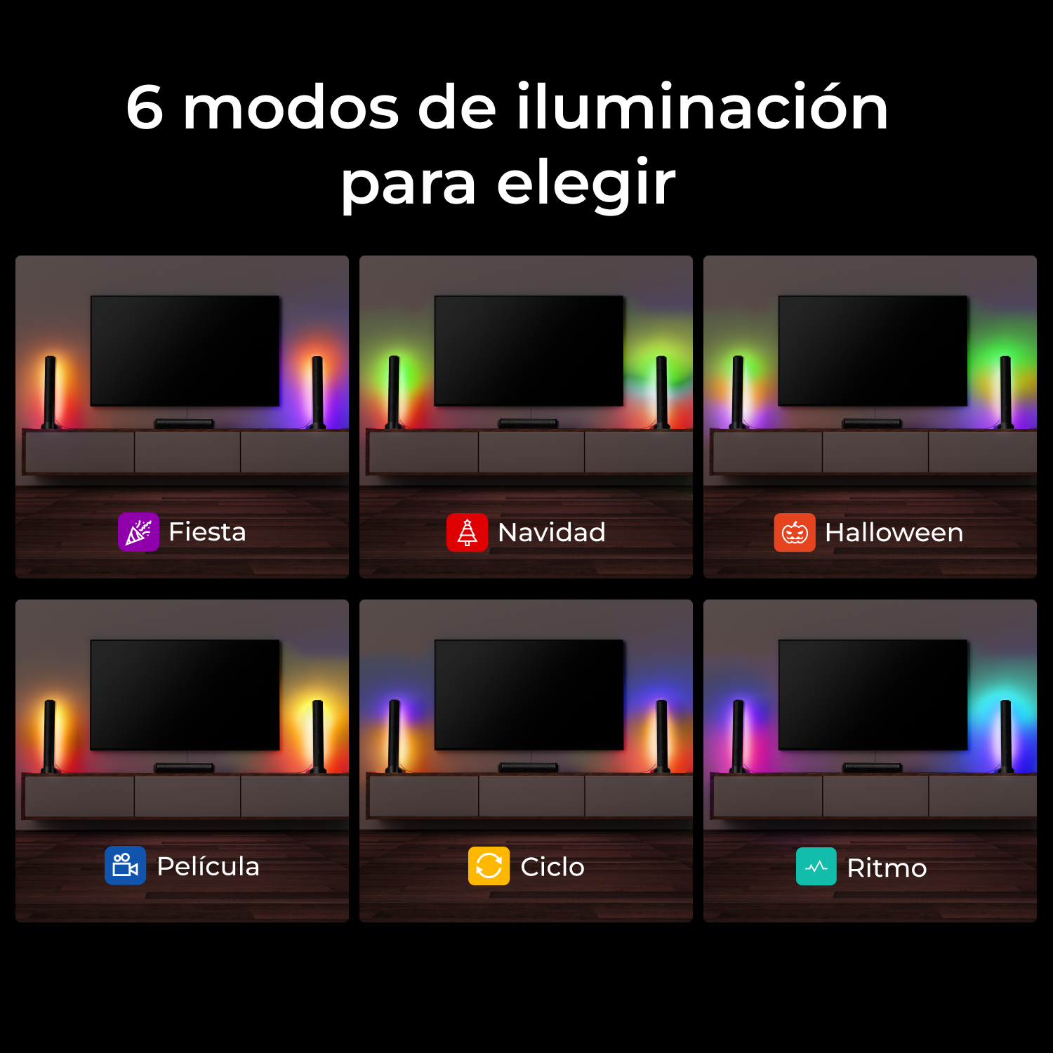 Seis configuraciones de TV, cada una con diferentes modos de luz de color. Los modos incluyen fiesta, Navidad, Halloween y otros.