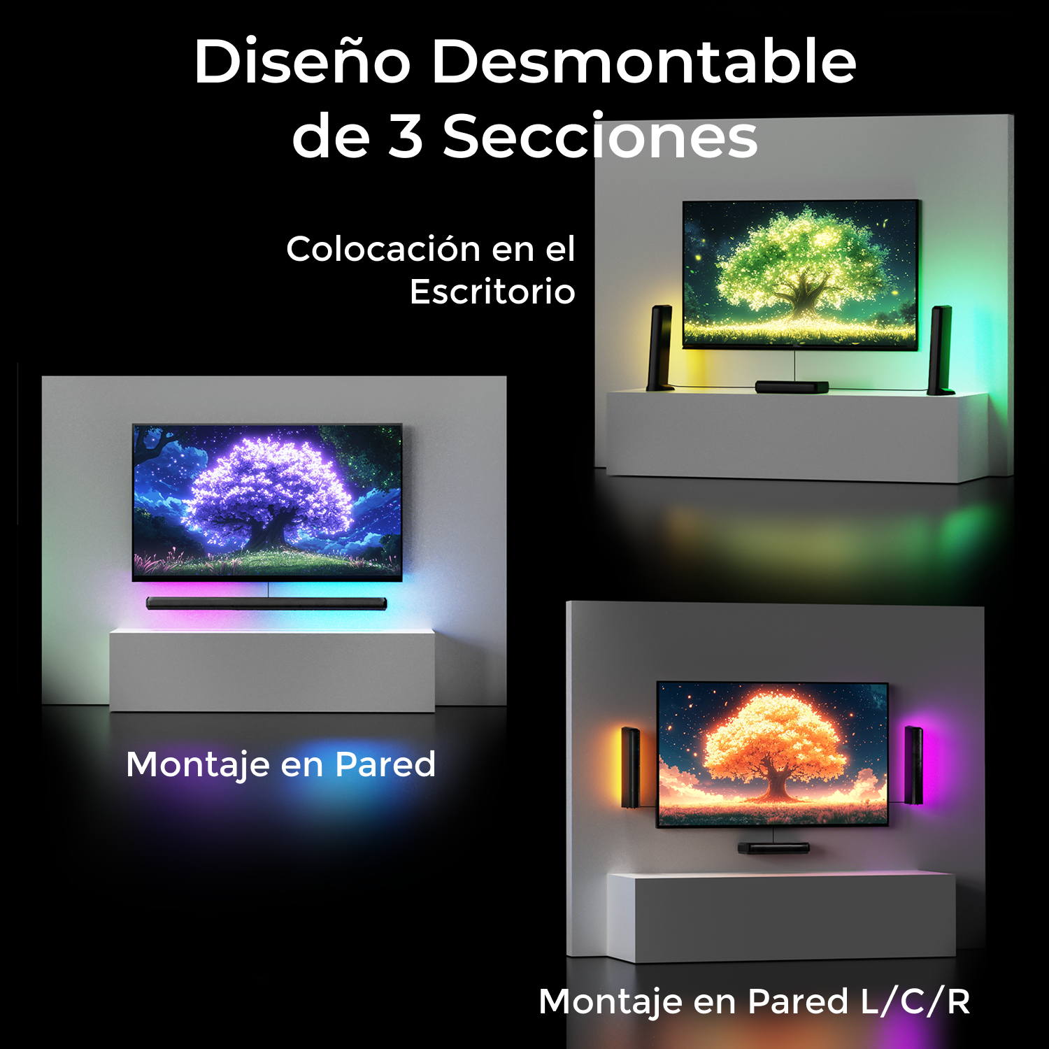 Tres escenarios con una barra de sonido y barras de luz. Están montados en una pared y un escritorio, con diferente iluminación.