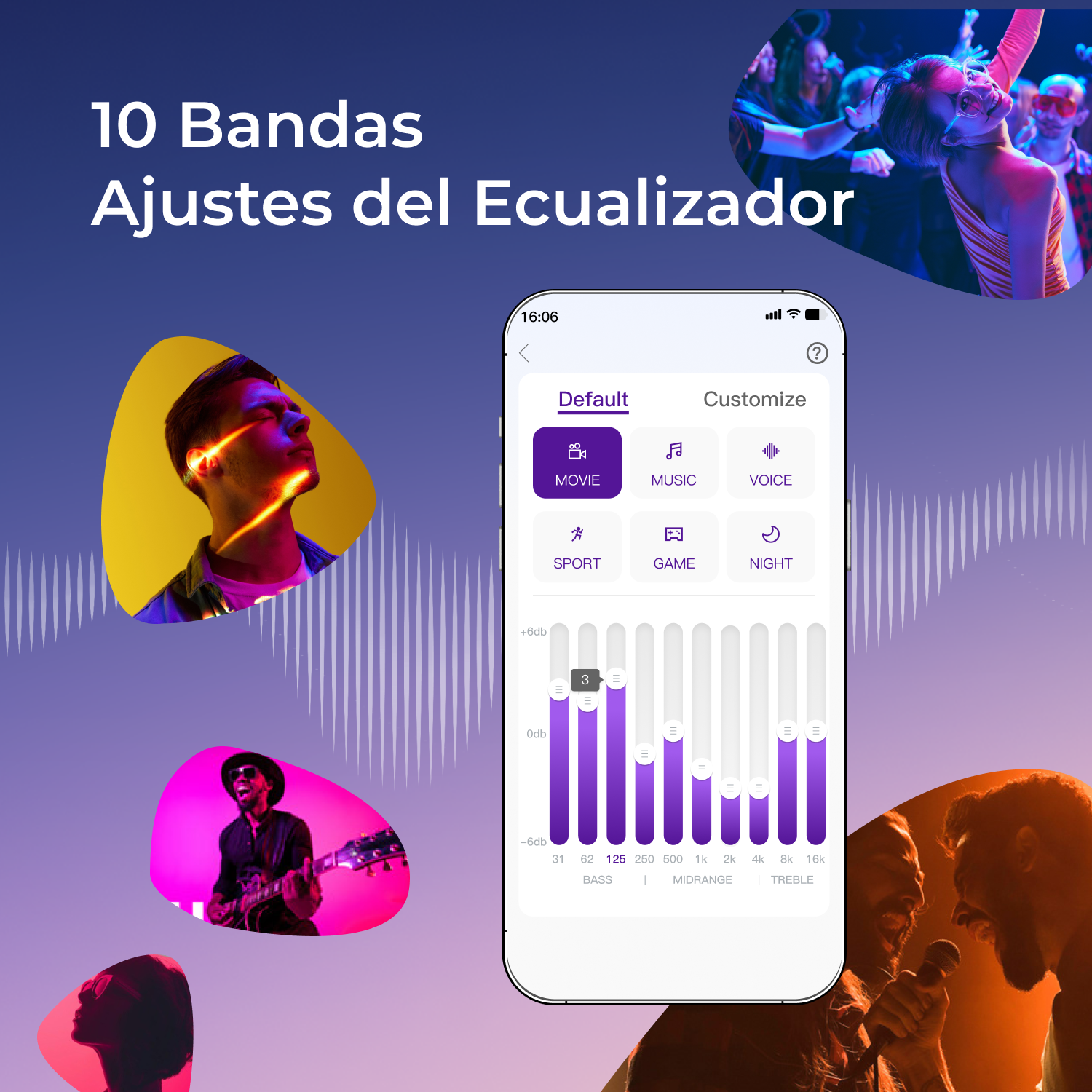 Un teléfono muestra una aplicación de ecualizador. El fondo muestra gente bailando, músicos y símbolos musicales.