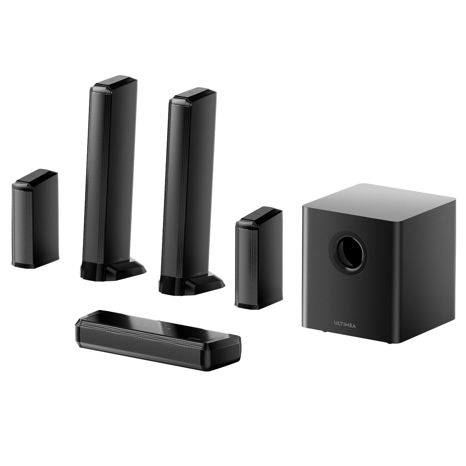 Een zwart luidsprekersysteem bestaande uit een subwoofer, soundbar en meerdere hoge, slanke luidsprekers.