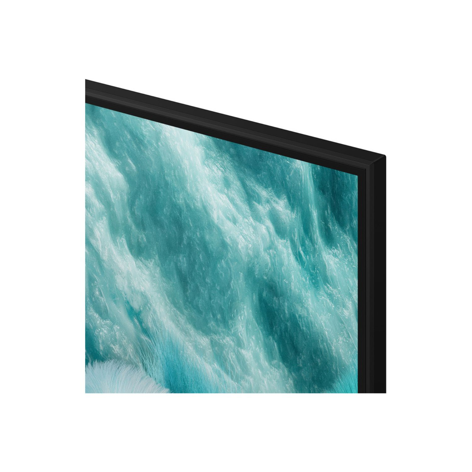 Zbliżenie pokazuje czarną ramkę i lodowy wyświetlacz telewizora QLED.