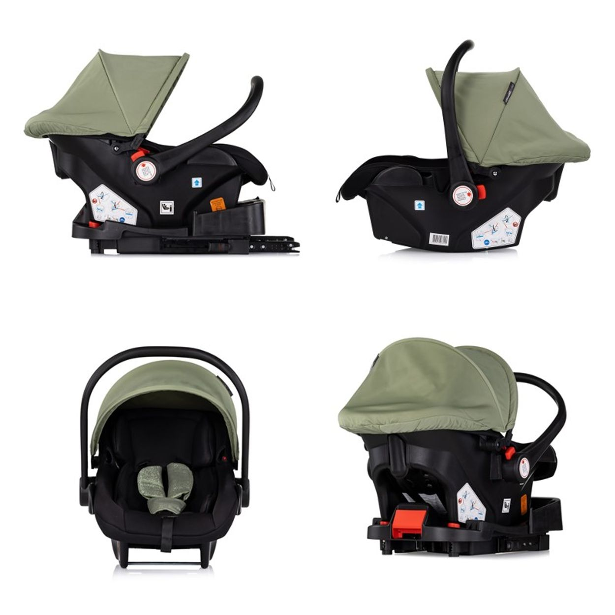 Grüner Babysitz, schwarze Basis. Seiten- und Vorderansichten zeigen Sitz und Verdeck.