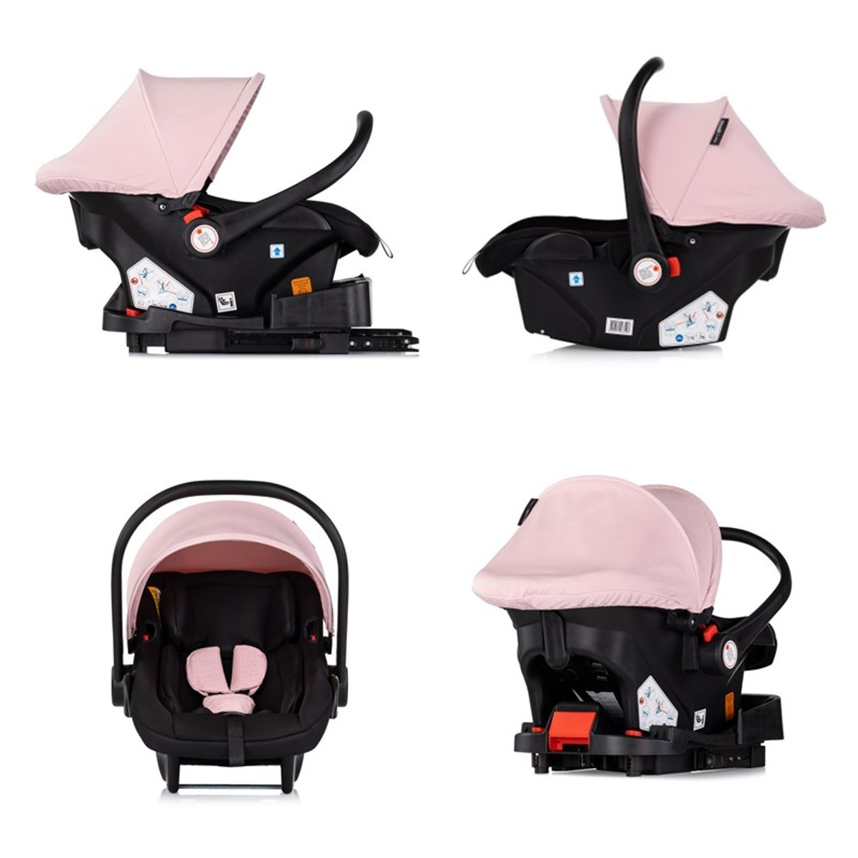 Rosa Babysitz, schwarze Basis. Seiten- und Vorderansichten zeigen Sitz und Verdeck.