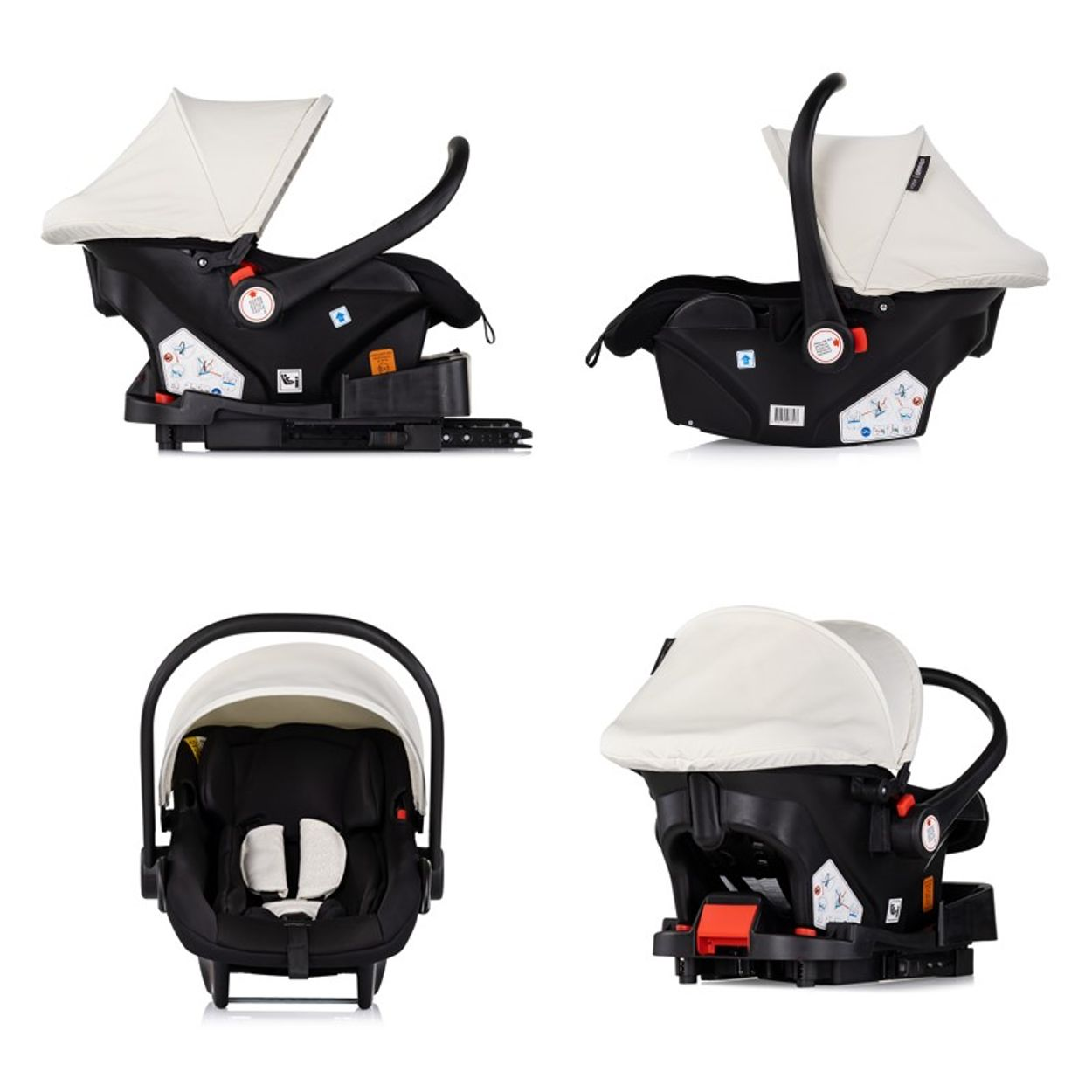 Weißer Babysitz, schwarze Basis. Seiten- und Vorderansichten zeigen Sitz und Verdeck.