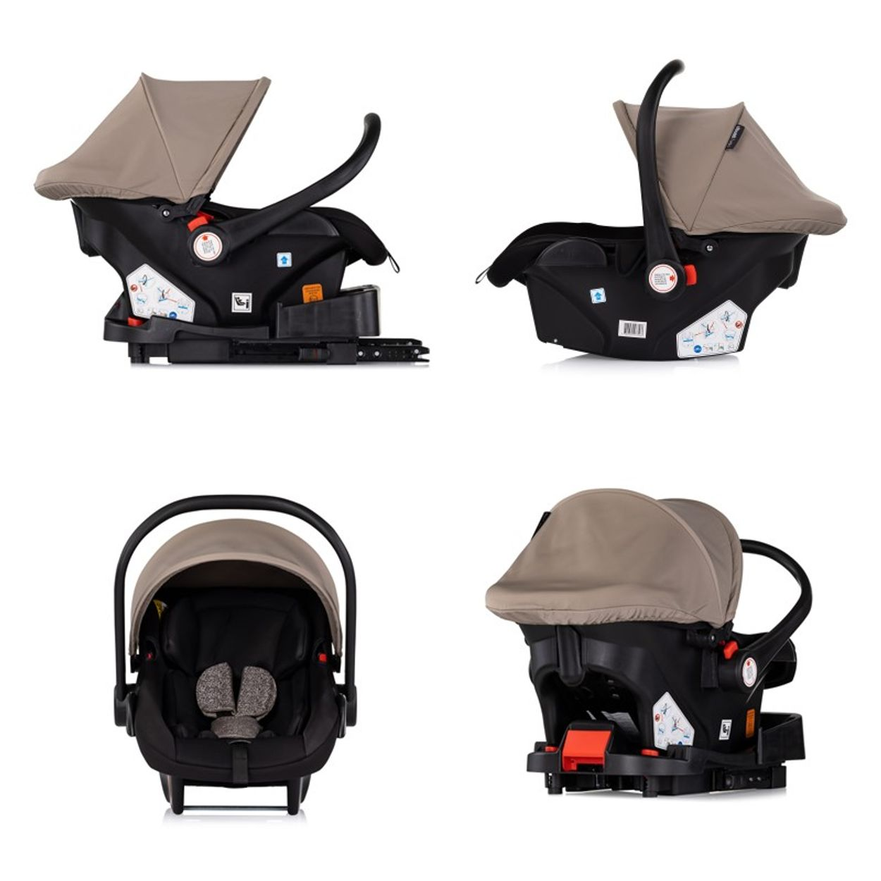 Vier Ansichten eines Baby-Autositzes. Er hat ein beiges Sonnensegel, eine schwarze Basis und einen Griff.