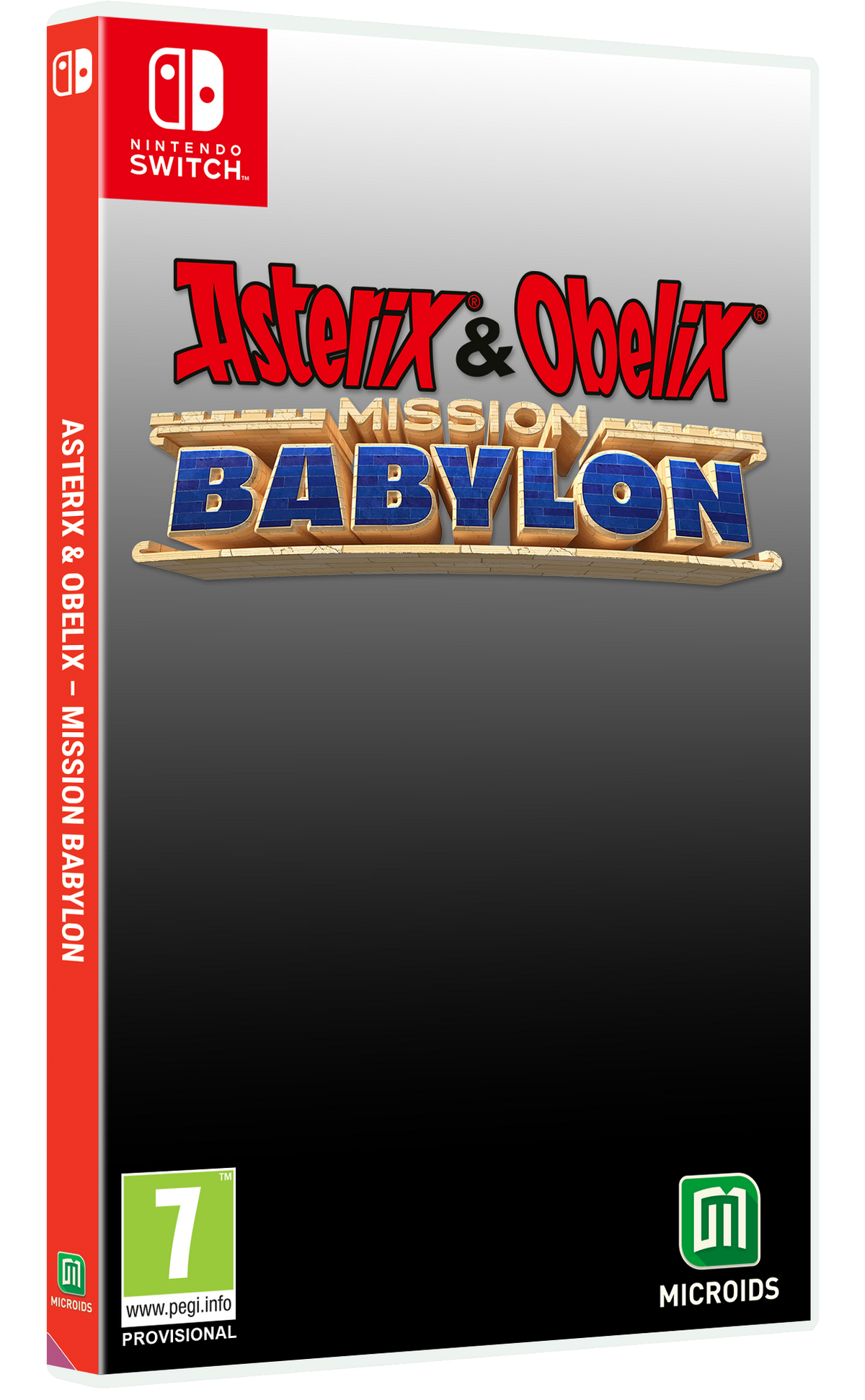 Grafika pudełka gry dla Asterix & Obelix: Mission Babylon. Tytuł jest widocznie wyświetlany na czarno-szarym tle.