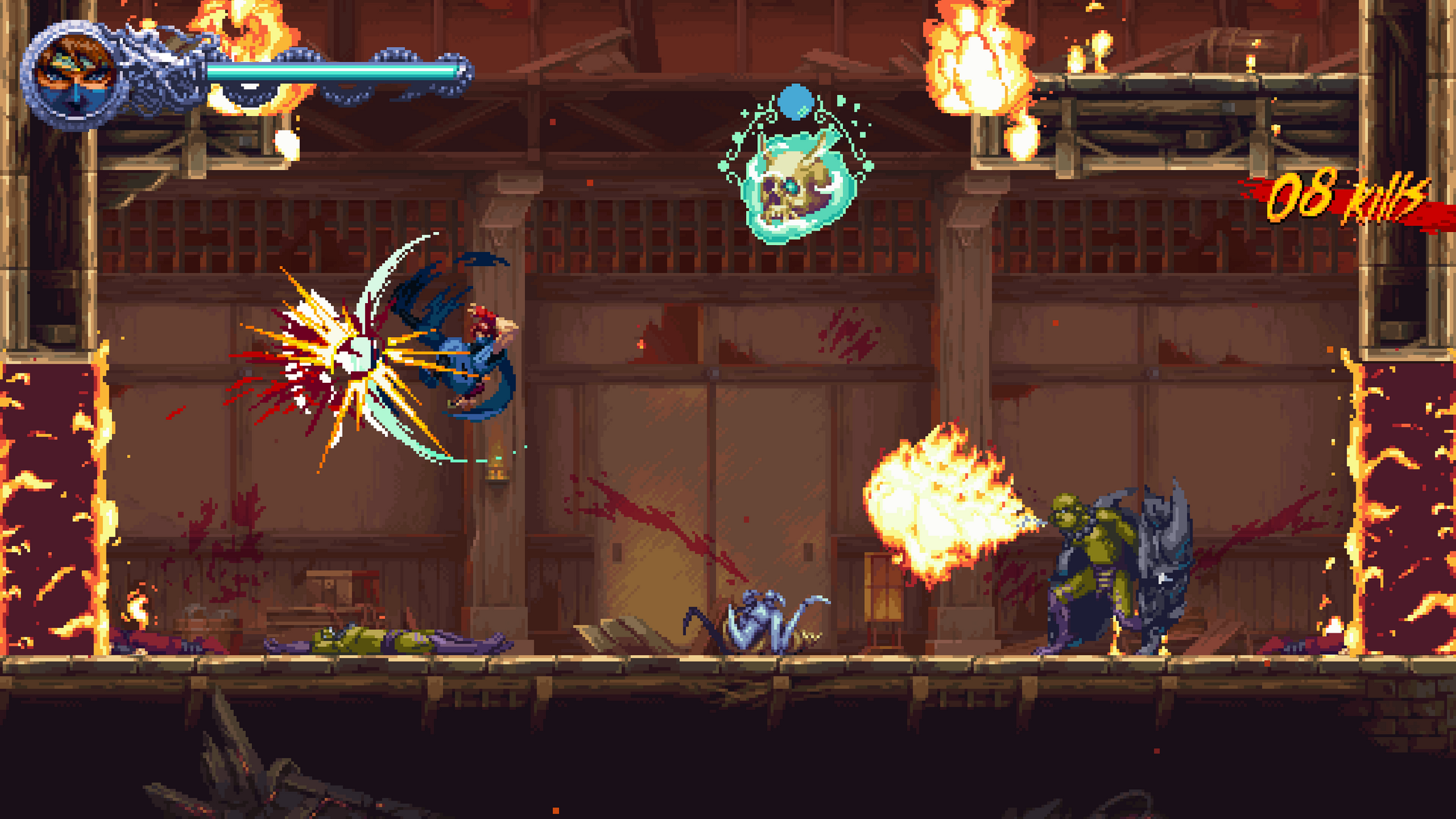 Pikselowa scena z gry. Ninja walczy w płonącym pomieszczeniu. Rozbryzgi krwi. Obecnych jest kilku wrogów.