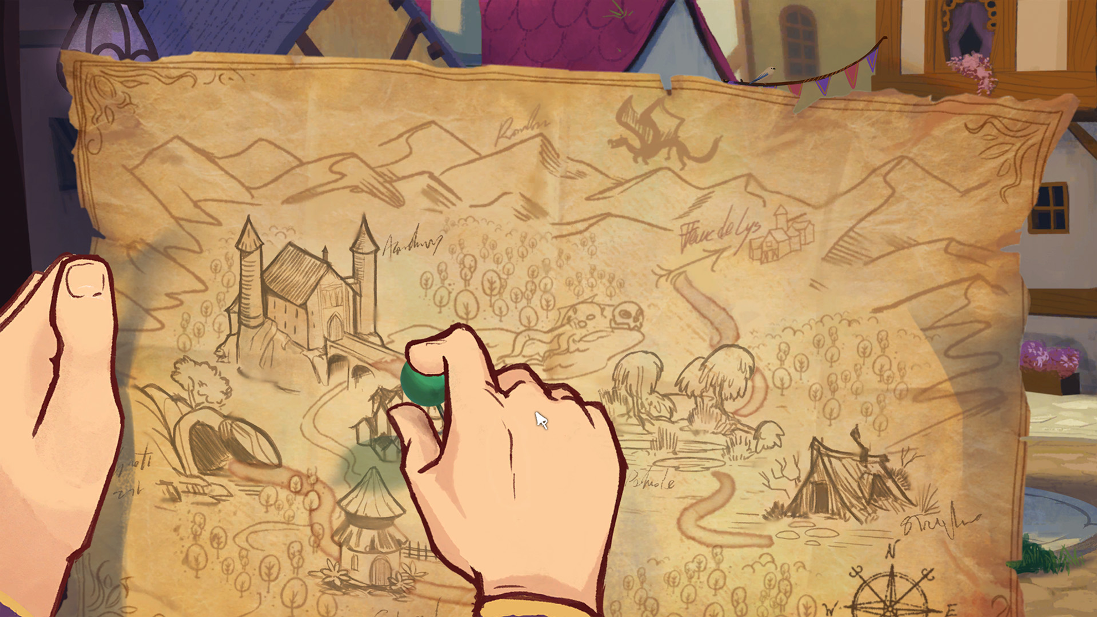 Una mano señala un mapa con varios dibujos, incluyendo un castillo, montañas y un símbolo de dragón.
