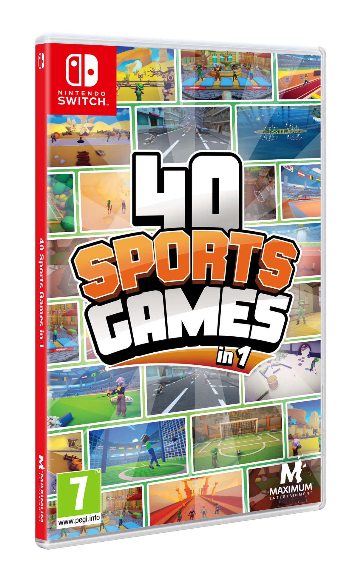 Etui na grę Nintendo Switch dla '40 Sports Games in 1', pokazujące zrzuty ekranu z różnych gier sportowych.
