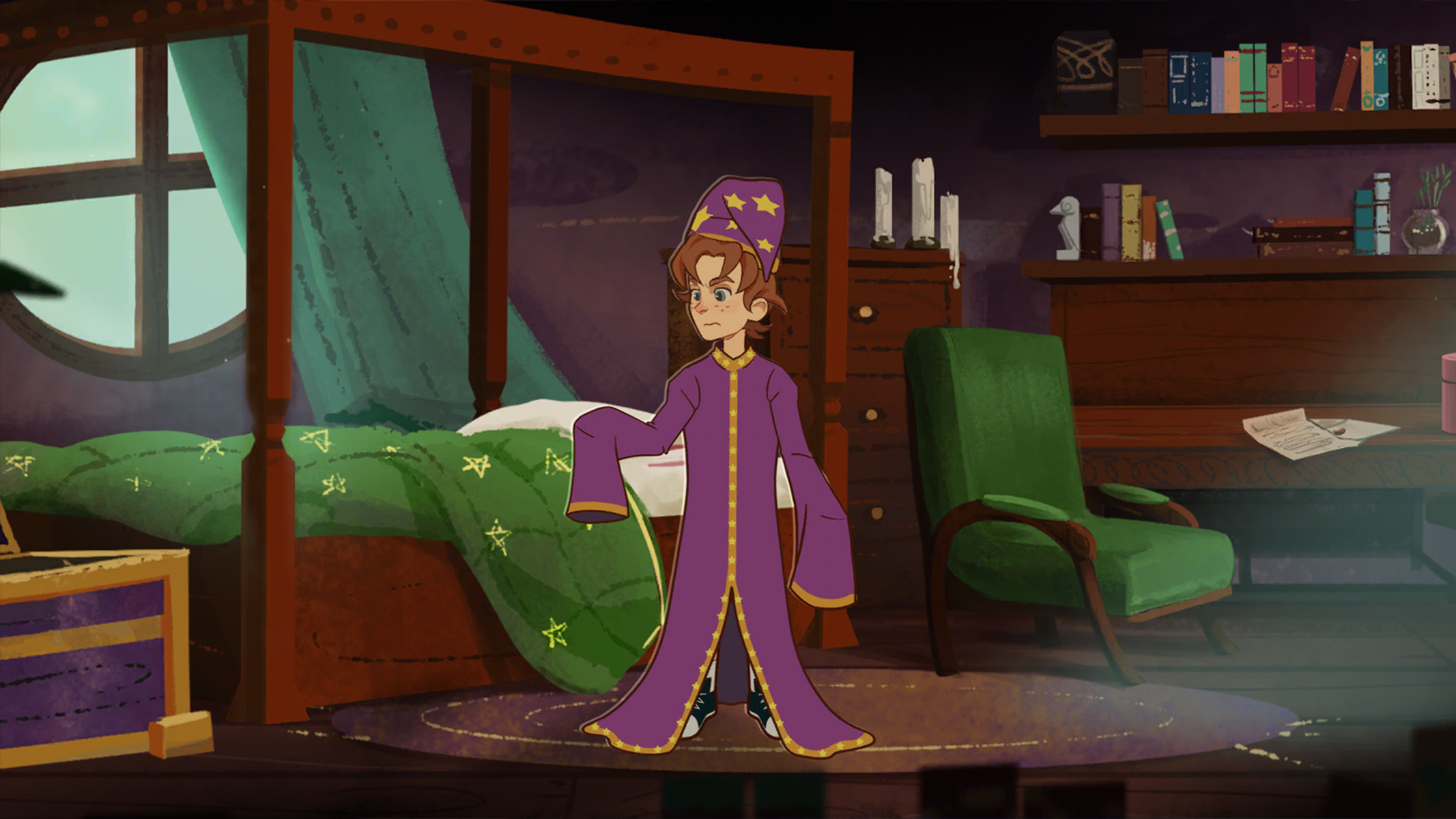 Un mago de dibujos animados en una habitación con una cama y varios objetos. El mago mira al espectador.