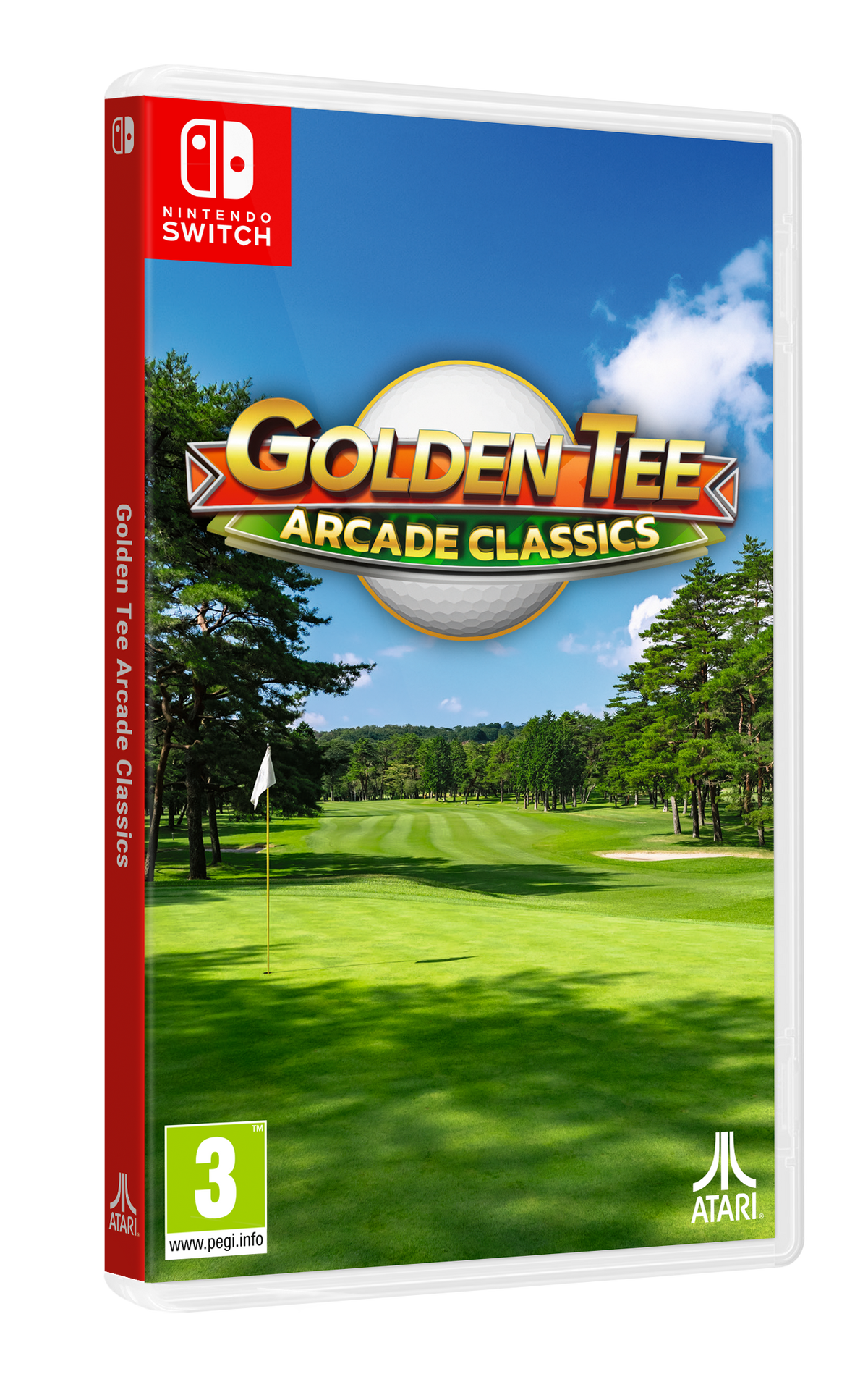 Okładka gry Golden Tee Arcade Classics. Widoczny jest tor golfowy z drzewami i niebieskim niebem.